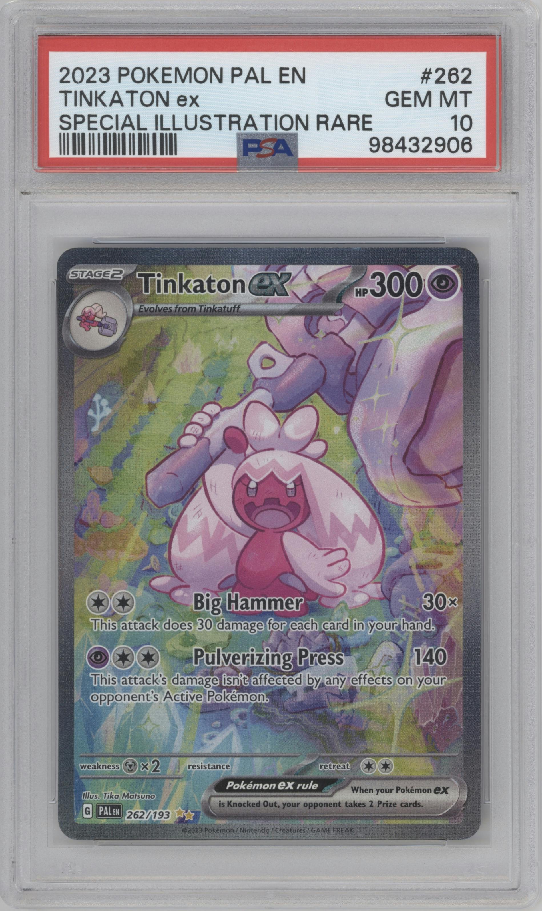 Tinkaton ex from the 2023 Pokemon SV set graded by PSA and given an overall grade of 10.