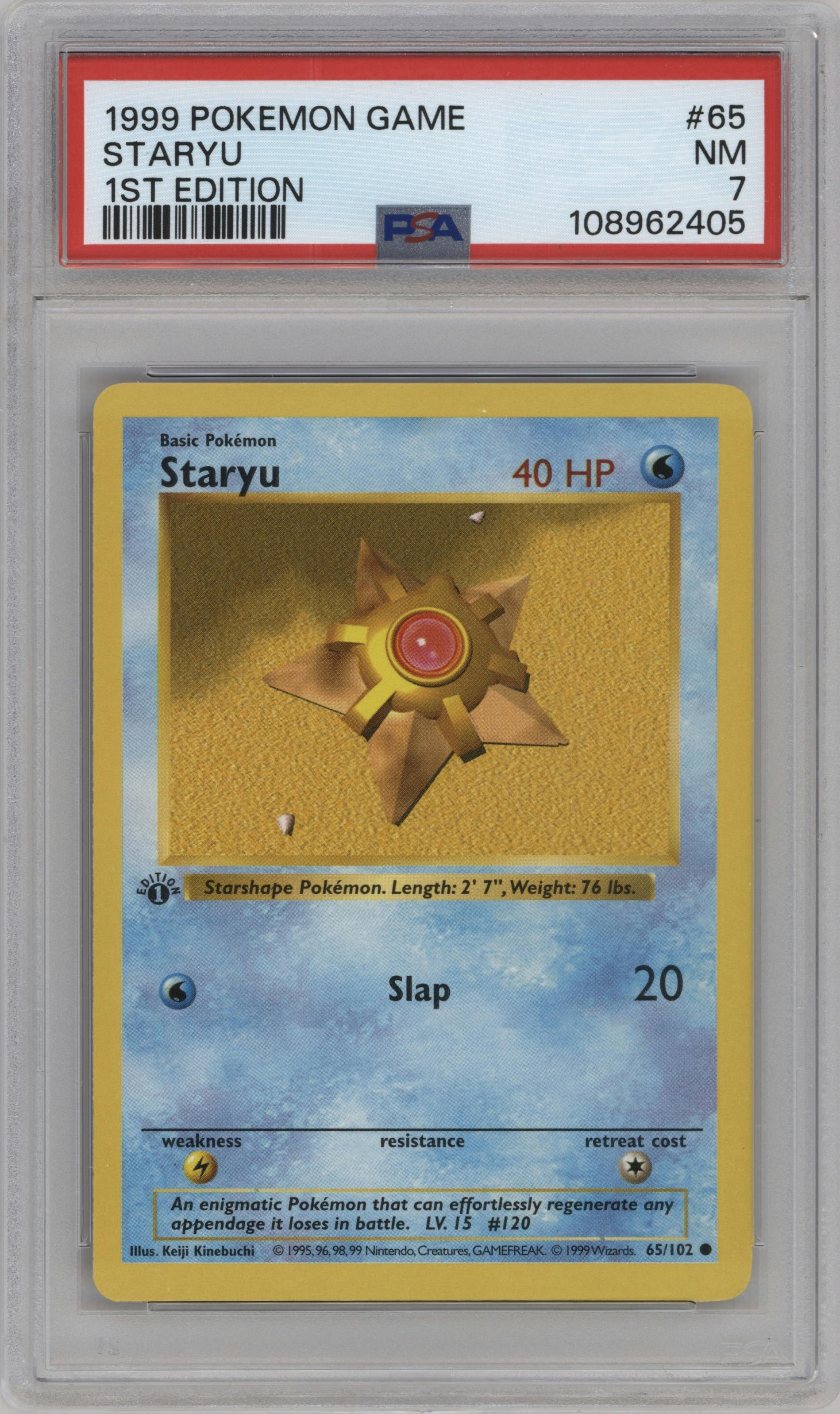 Staryu from the 1999 Pokemon set graded by PSA and given an overall grade of 7.