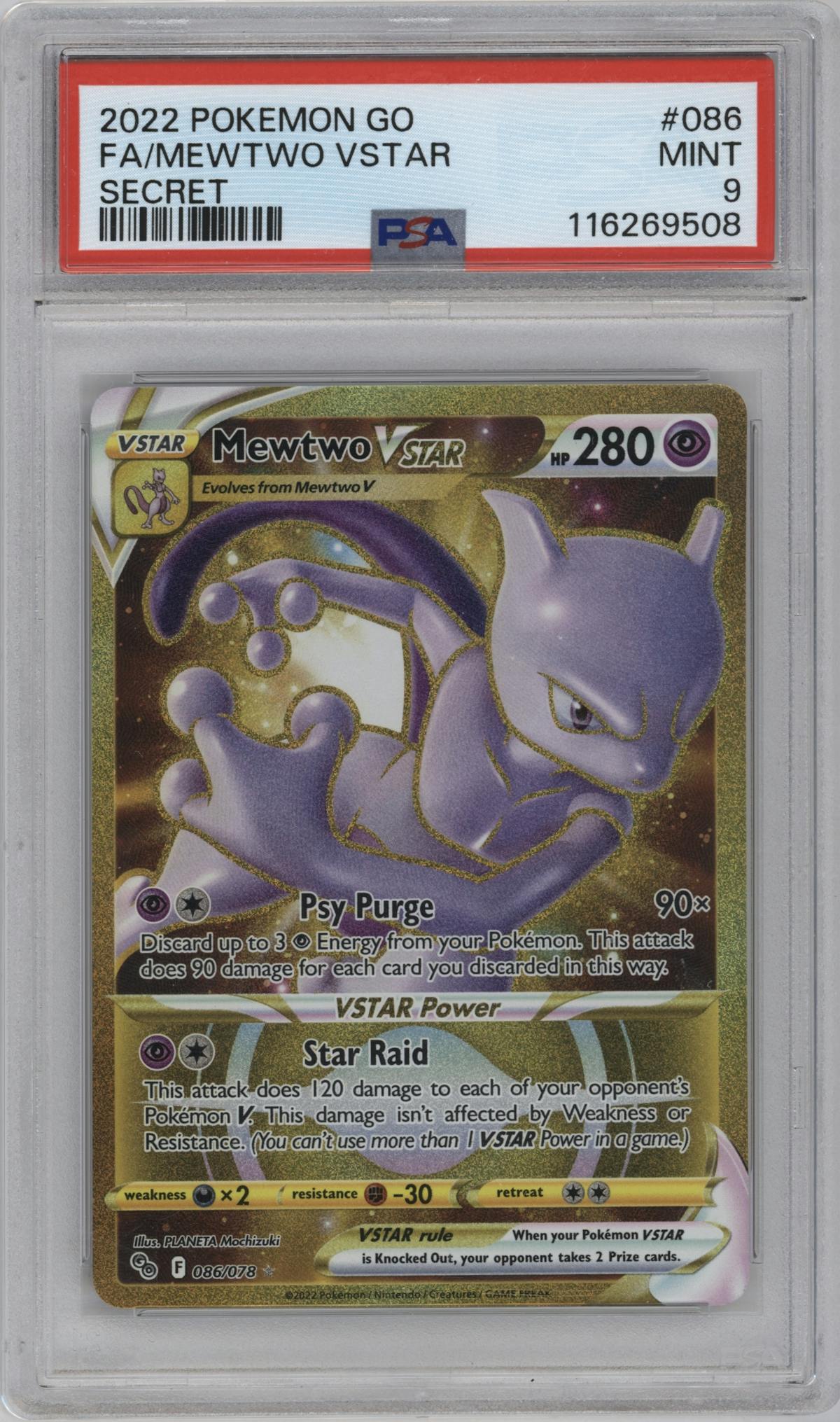 Mewtwo VSTAR from the 2022 Pokemon SWSH set graded by PSA and given an overall grade of 9.