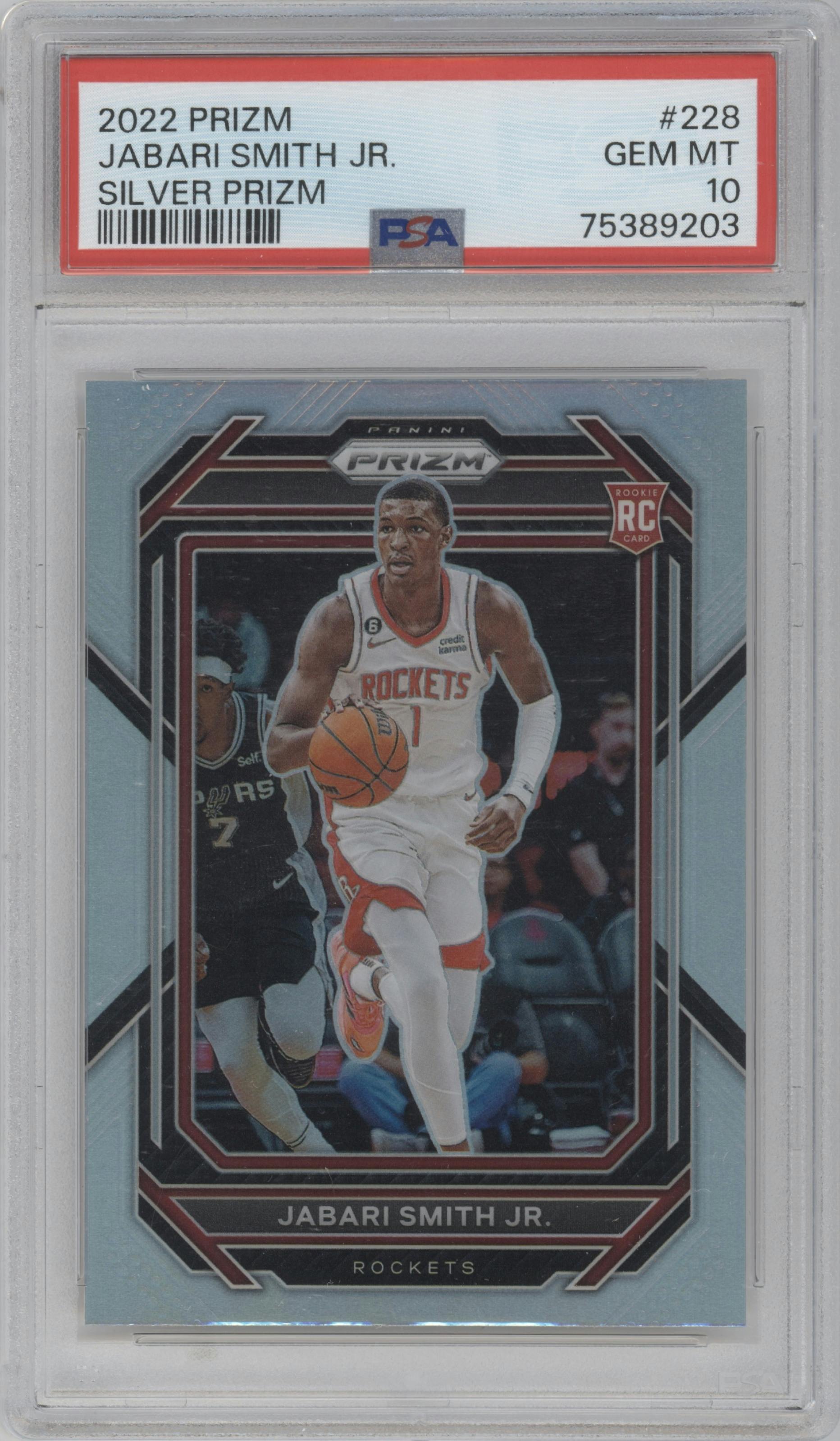 Jabari Smith Jr. from the 2022-23 Panini Prizm  set featuring a Silver Prizm parallel graded by PSA and given an overall grade of 10.