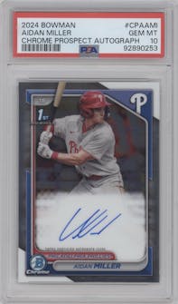 Aidan Miller from the 2024 Bowman set graded by PSA and given an overall grade of 10.