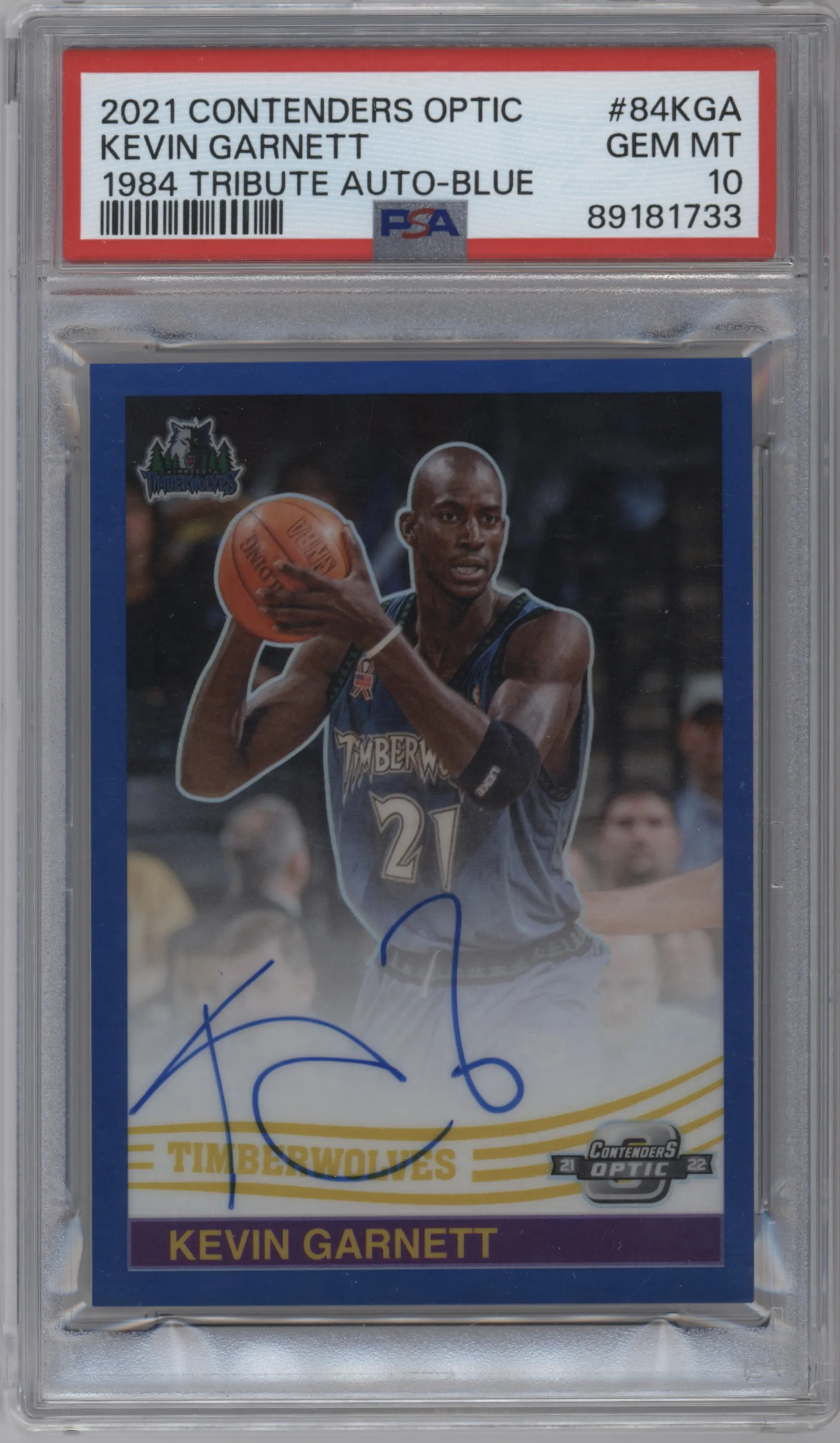 Kevin Garnett from the 2021-22 Panini Contenders Optic set featuring a Blue parallel graded by PSA and given an overall grade of 10.