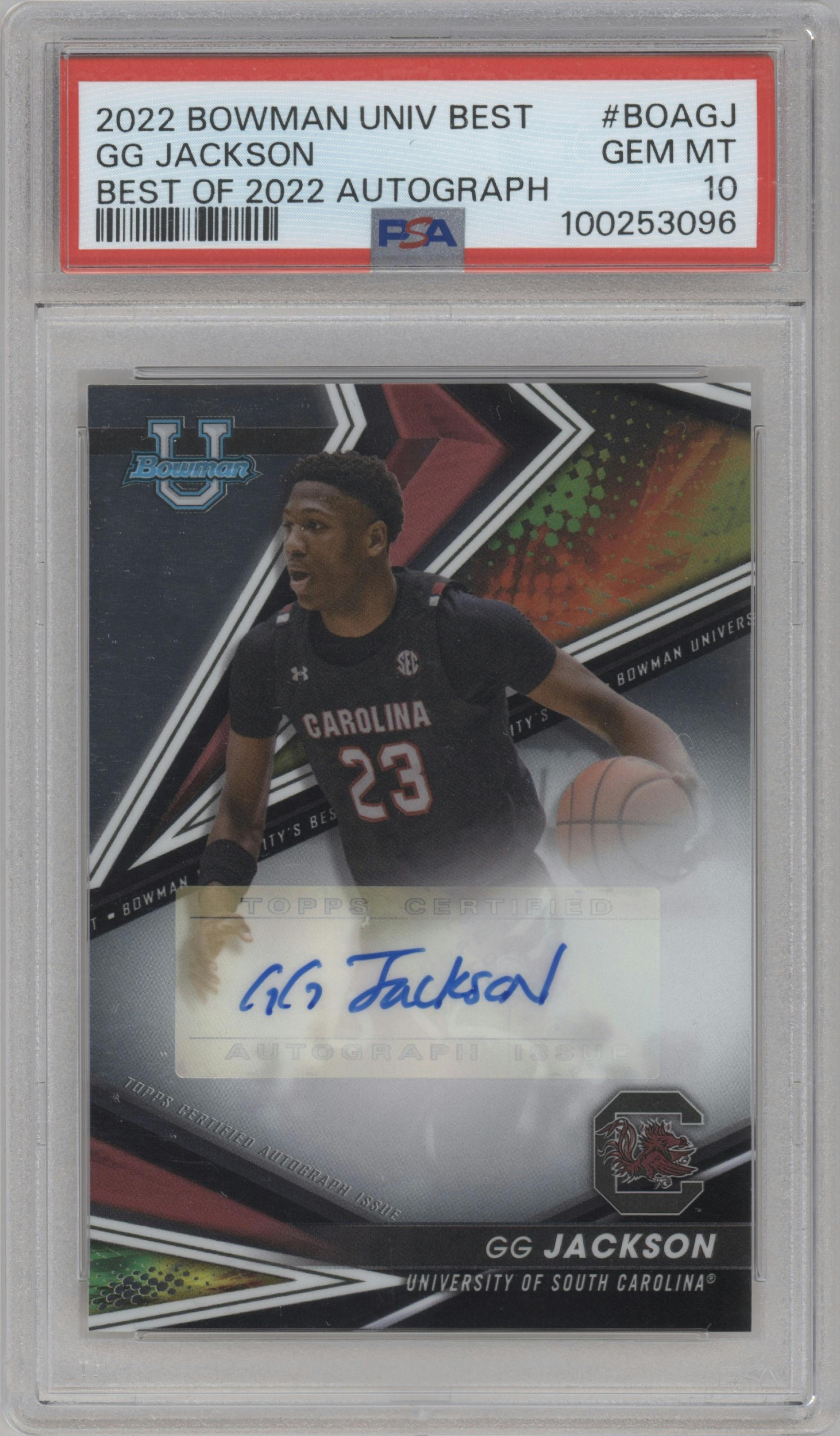 GG Jackson from the 2022-23 Bowman University Best set graded by PSA and given an overall grade of 10.