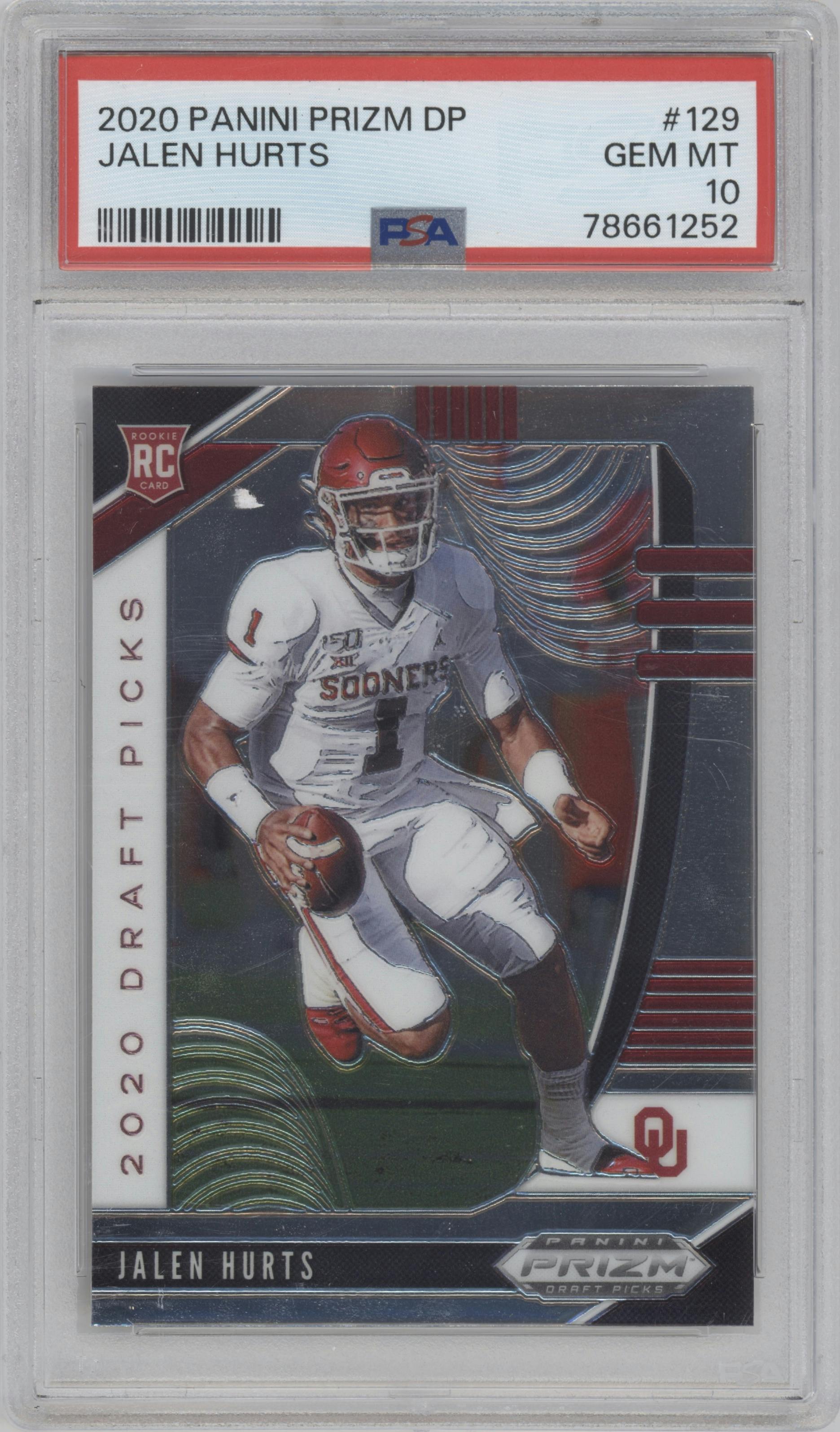 Jalen Hurts from the 2020 Panini Prizm Draft Picks set graded by PSA and given an overall grade of 10.