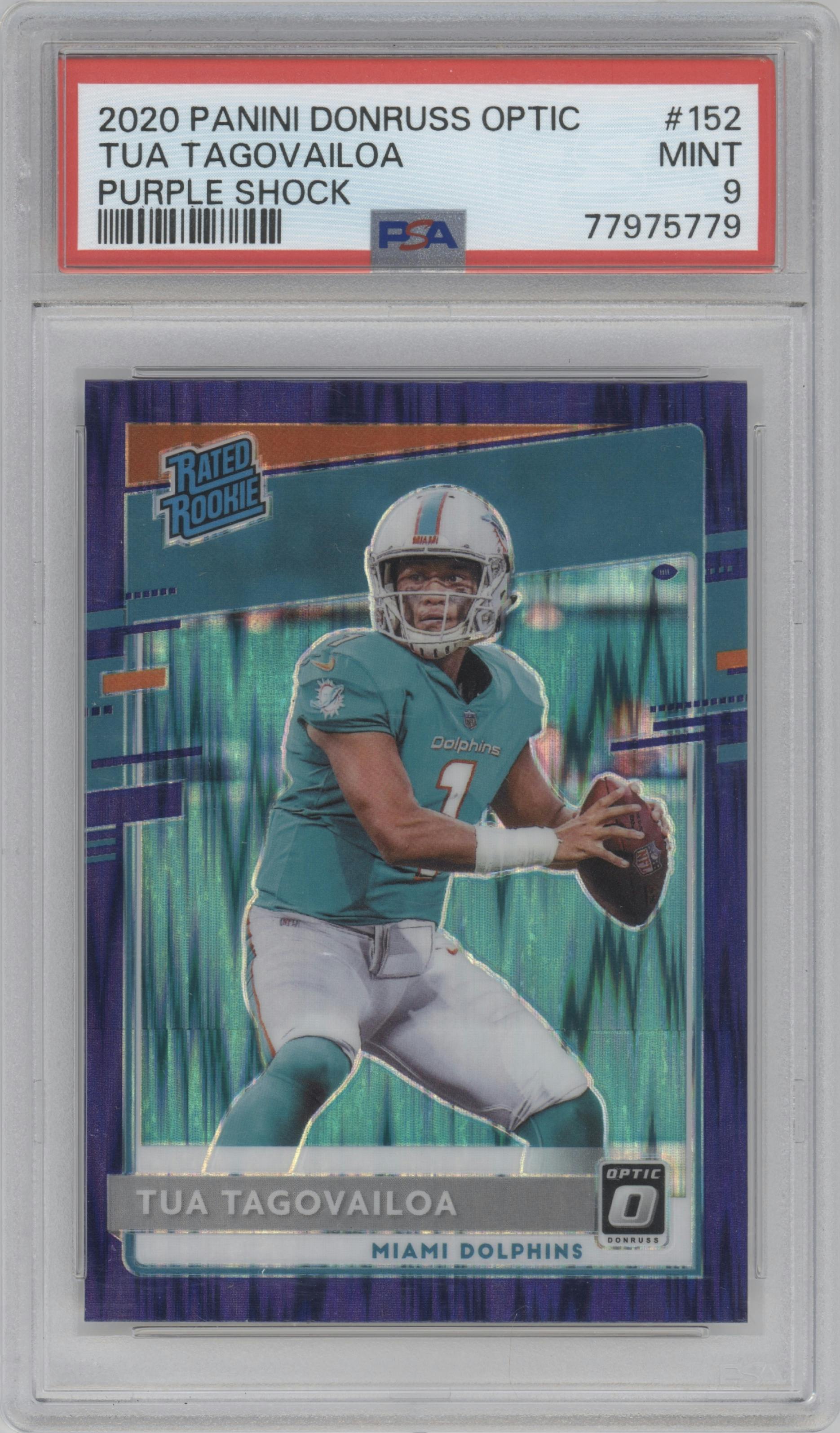 Tua Tagovailoa from the 2020 Panini Donruss Optic set featuring a Purple Shock parallel graded by PSA and given an overall grade of 9.