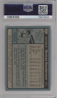 Rickey Henderson from the 1980 Topps set graded by PSA and given an overall grade of 5.