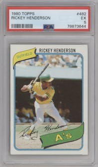 Rickey Henderson from the 1980 Topps set graded by PSA and given an overall grade of 5.
