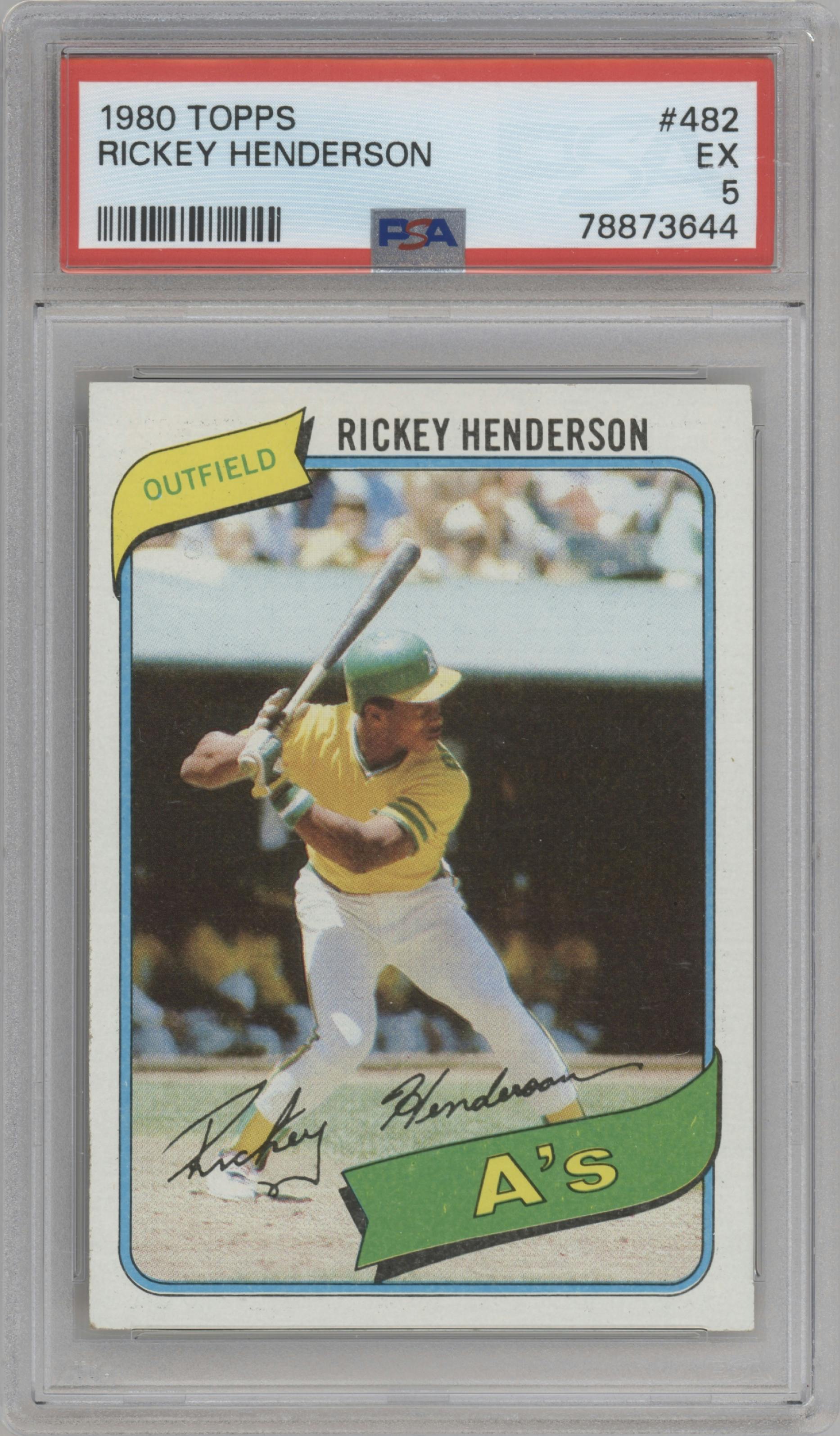 Rickey Henderson from the 1980 Topps set graded by PSA and given an overall grade of 5.