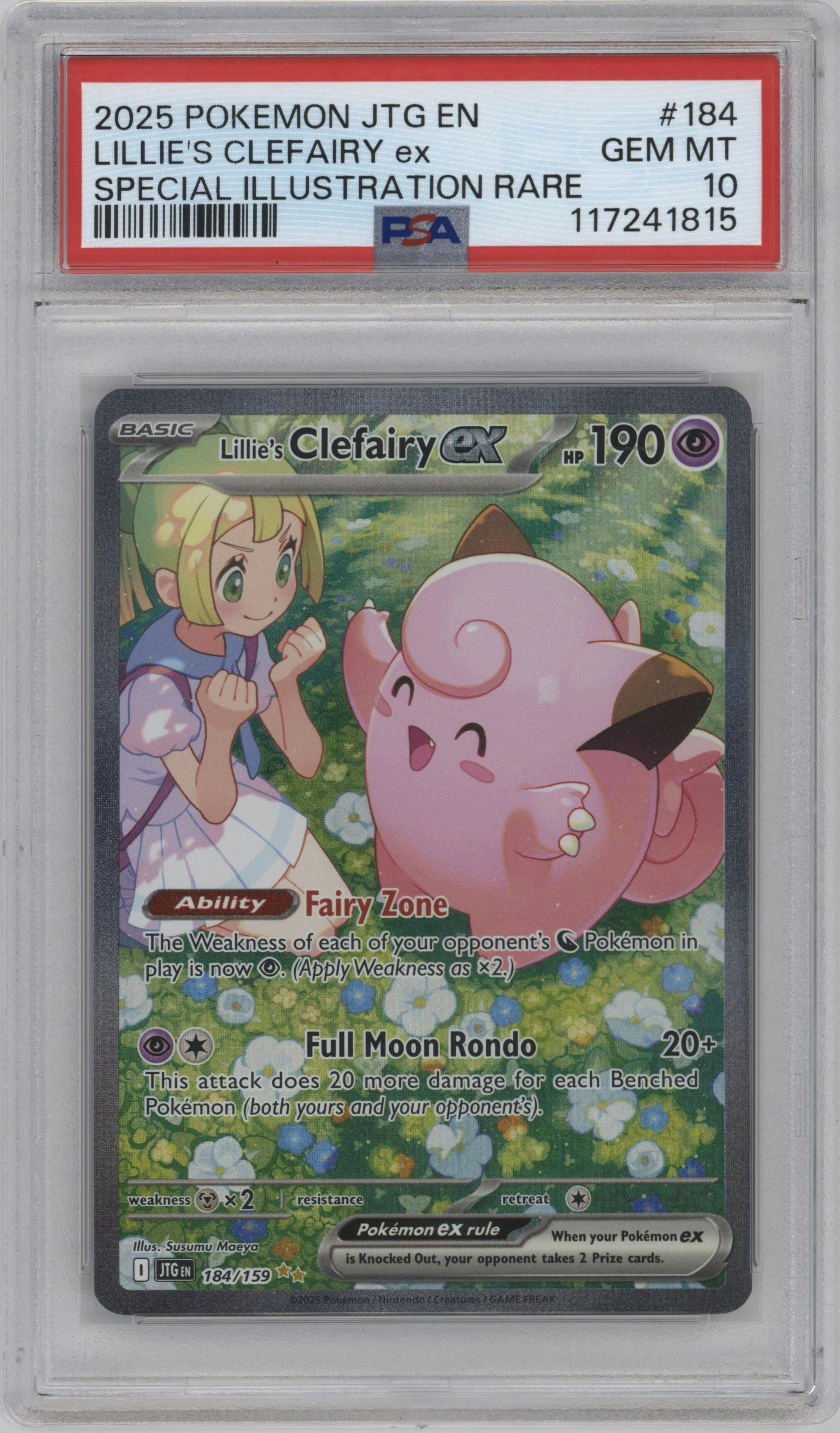 Lillie's Clefairy ex from the 2025 Pokemon SV set graded by PSA and given an overall grade of 10.