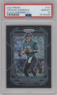Trevor Lawrence  from the 2022 Panini Prizm set featuring a Black Shimmer parallel graded by PSA and given an overall grade of 10.