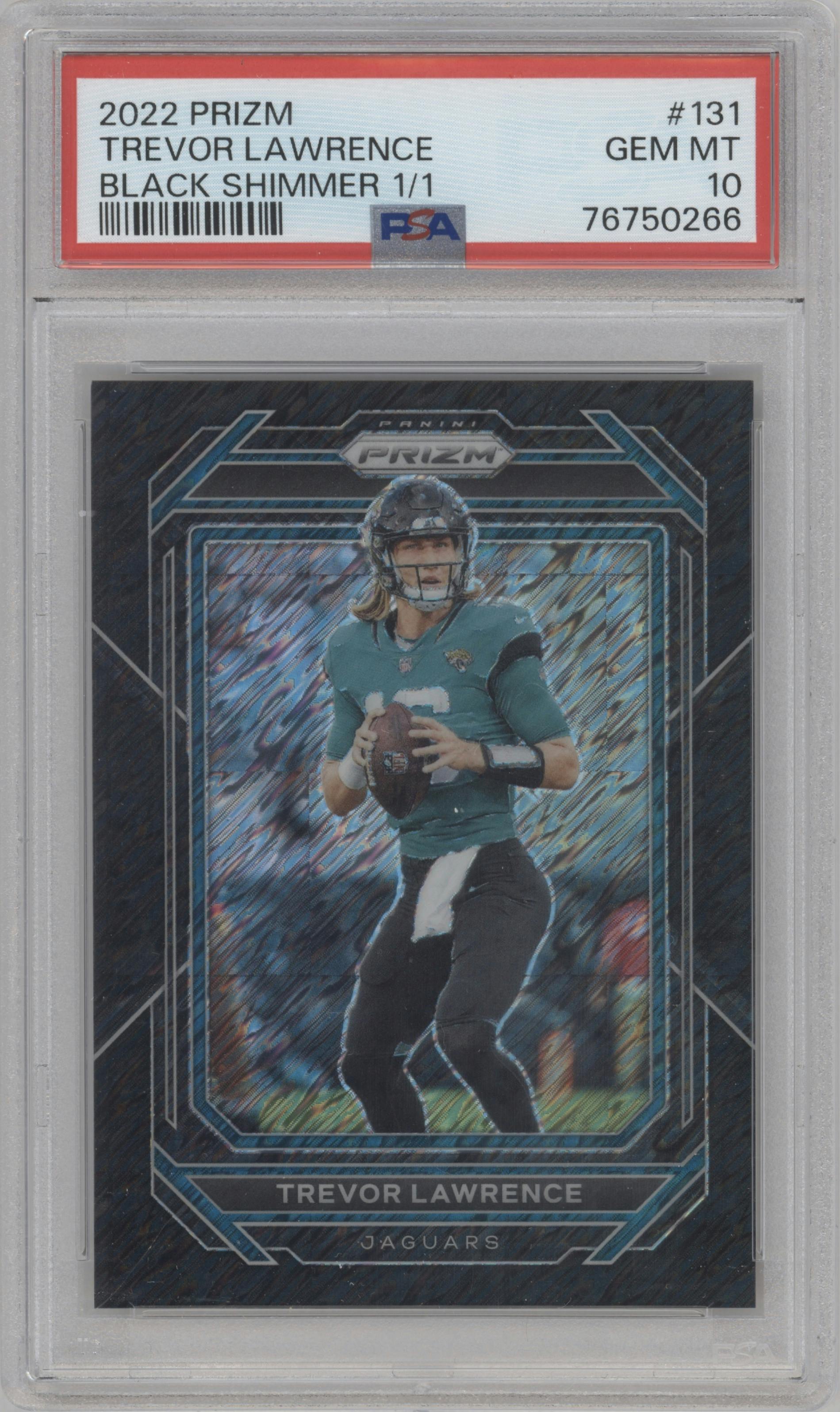 Trevor Lawrence  from the 2022 Panini Prizm set featuring a Black Shimmer parallel graded by PSA and given an overall grade of 10.