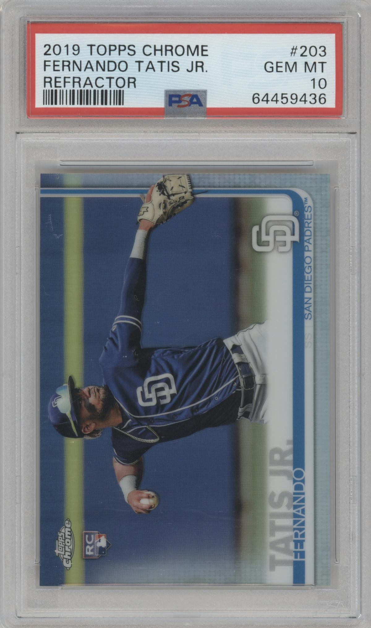 Fernando Tatis Jr. from the 2019 Topps Chrome set featuring a Refractor parallel graded by PSA and given an overall grade of 10.