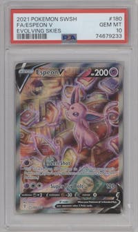 Espeon V from the 2021 Pokemon SWSH set graded by PSA and given an overall grade of 10.