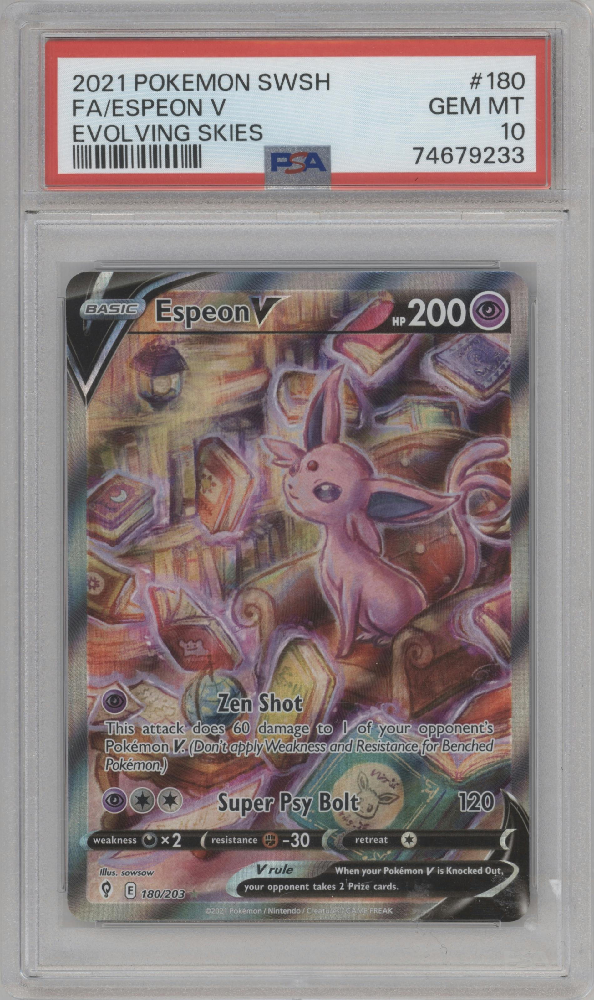 Espeon V from the 2021 Pokemon SWSH set graded by PSA and given an overall grade of 10.