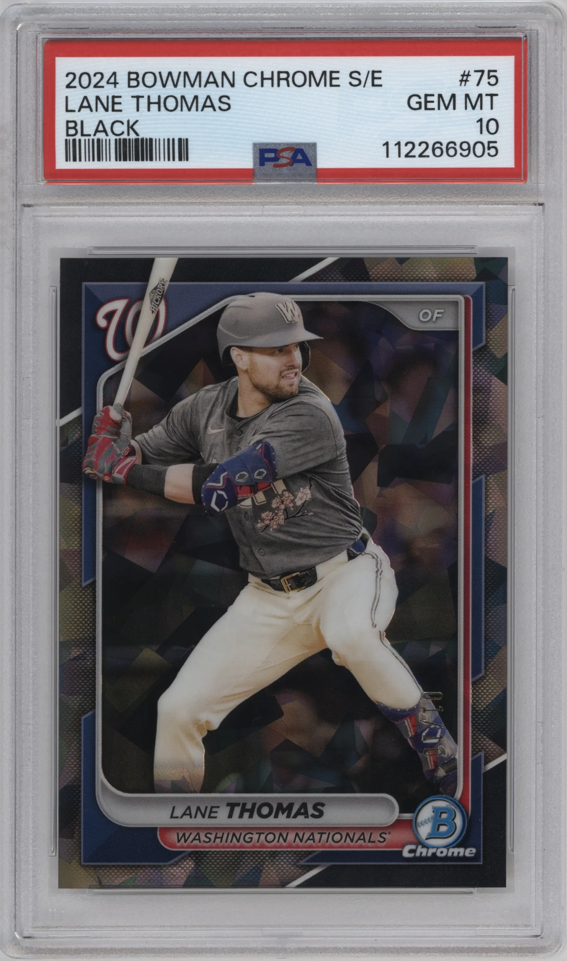 Lane Thomas from the 2024 Bowman Chrome Sapphire set featuring a Black parallel graded by PSA and given an overall grade of 10.