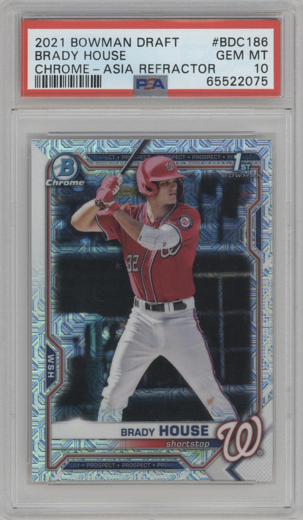 Brady House from the 2021 Bowman Draft set featuring a Asia Refractor parallel graded by PSA and given an overall grade of 10.