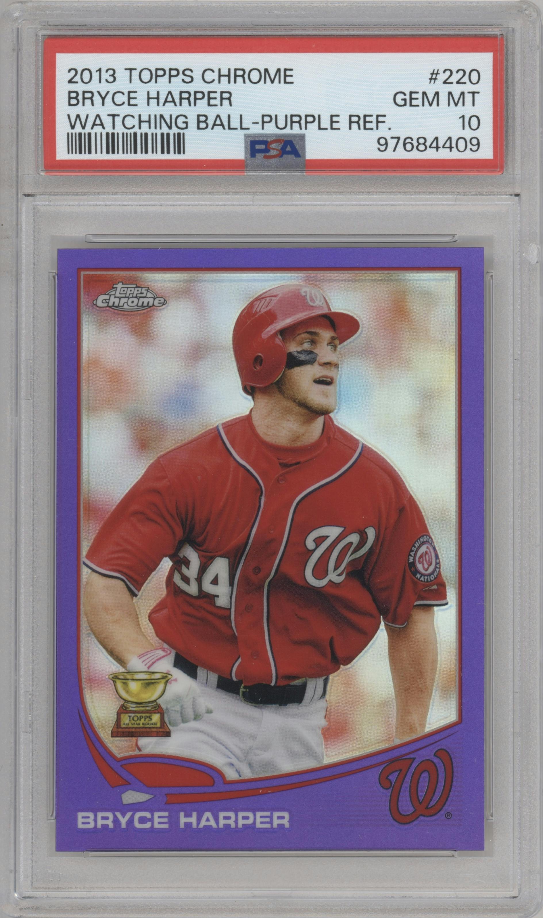 Bryce Harper from the 2013 Topps Chrome set featuring a Purple Refractor parallel graded by PSA and given an overall grade of 10.