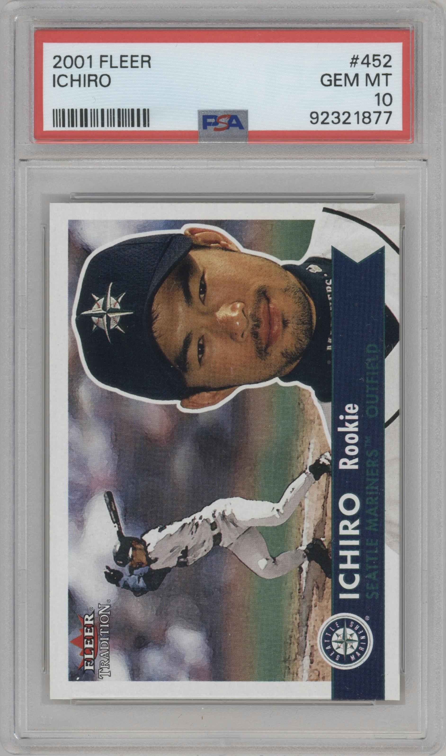 Ichiro from the 2001 Fleer Tradition set graded by PSA and given an overall grade of 10.