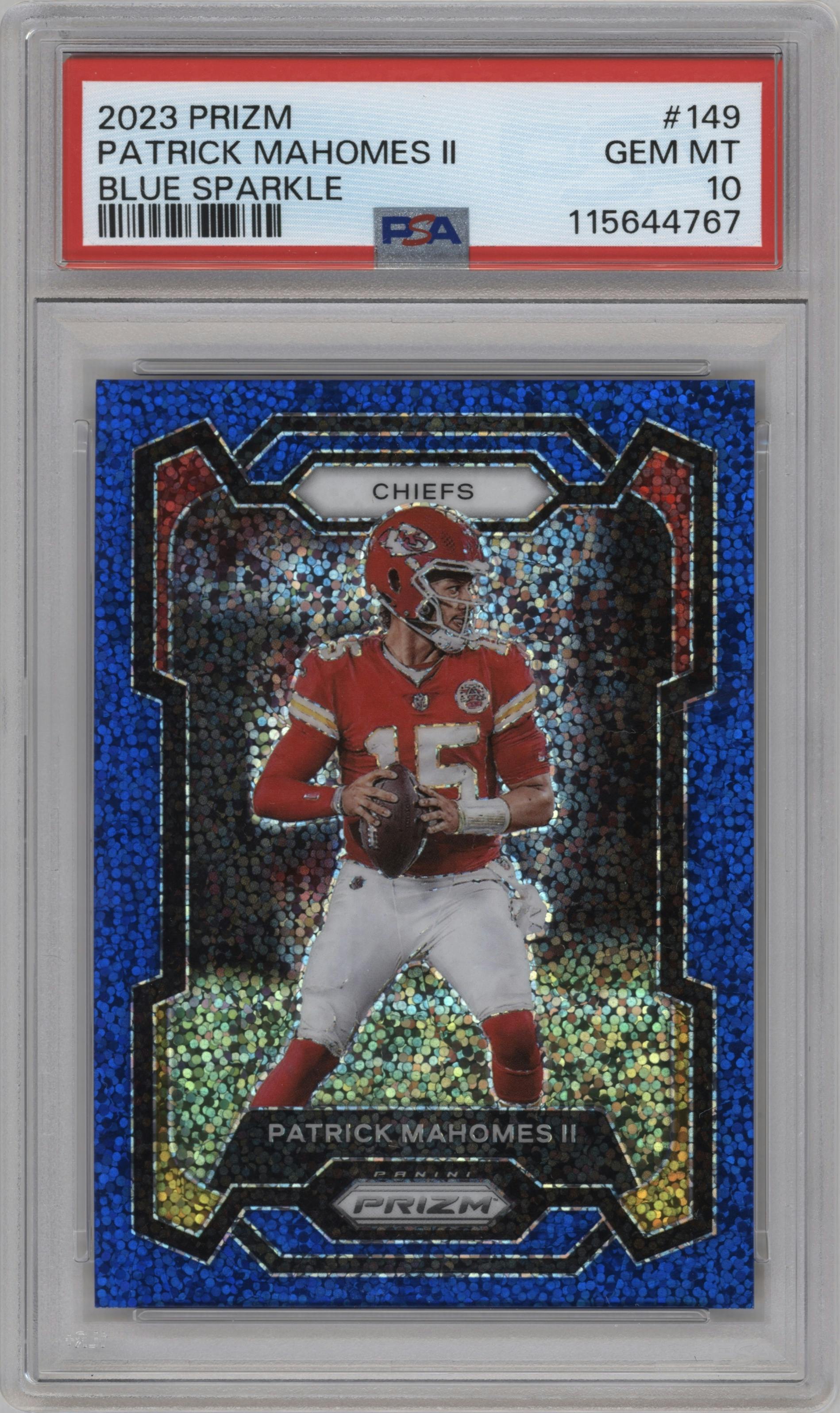 Patrick Mahomes II from the 2023 Panini Prizm set featuring a Blue Sparkle parallel graded by PSA and given an overall grade of 10.
