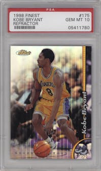 Kobe Bryant from the 1998-99 Topps Finest set featuring a Refractor parallel graded by PSA and given an overall grade of 10.