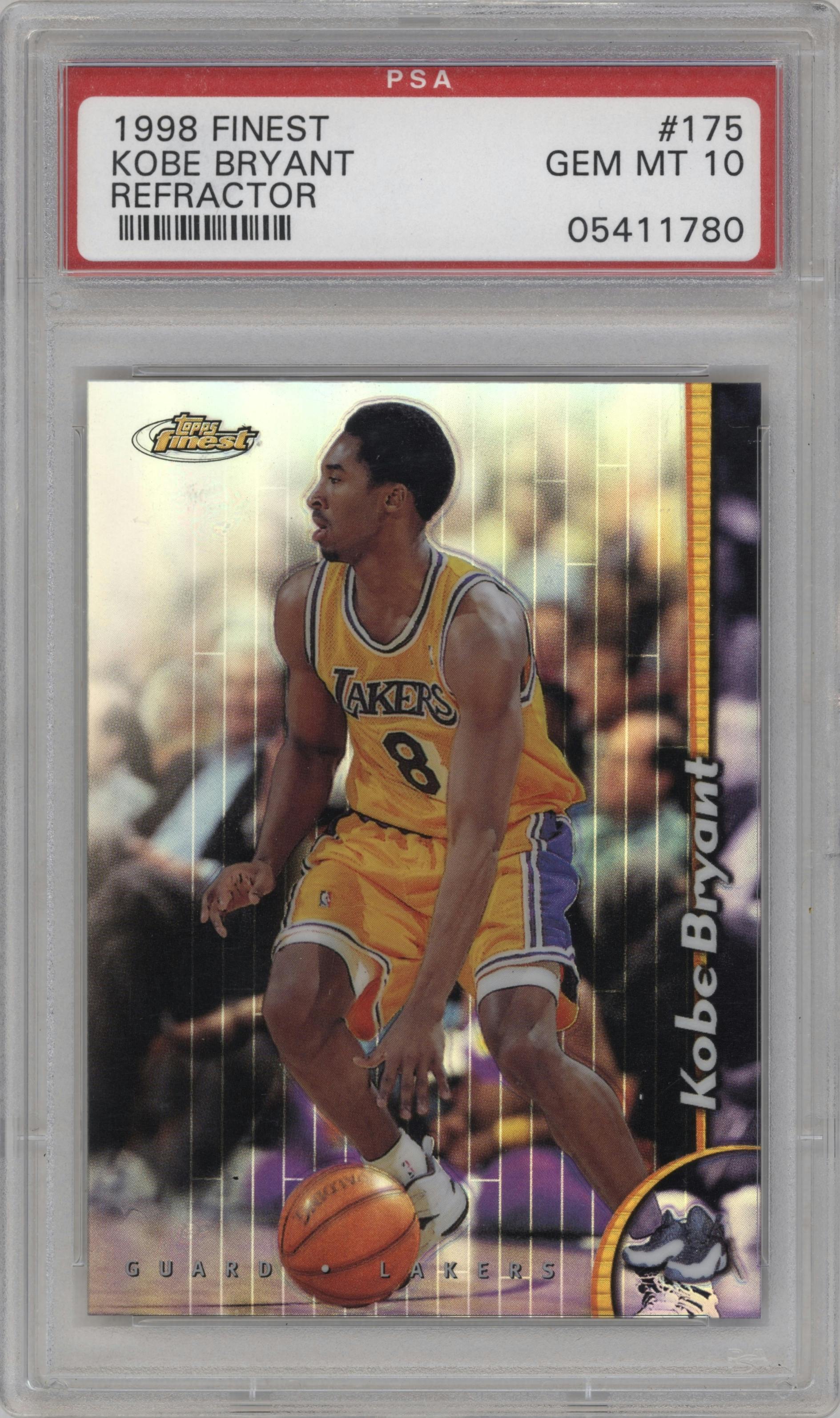 Kobe Bryant from the 1998-99 Topps Finest set featuring a Refractor parallel graded by PSA and given an overall grade of 10.