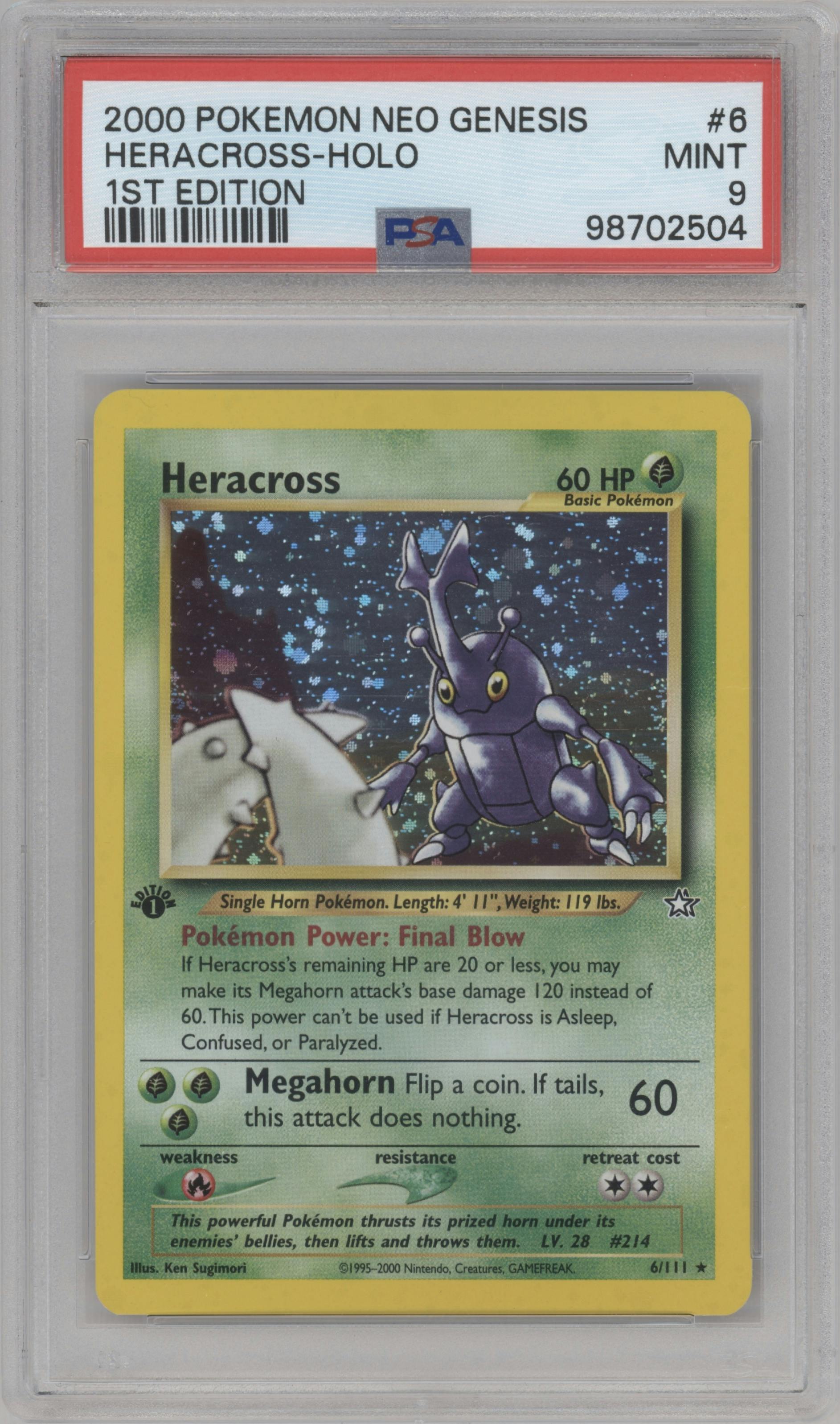 Heracross from the 2000 Pokemon Neo Genesis set graded by PSA and given an overall grade of 9.