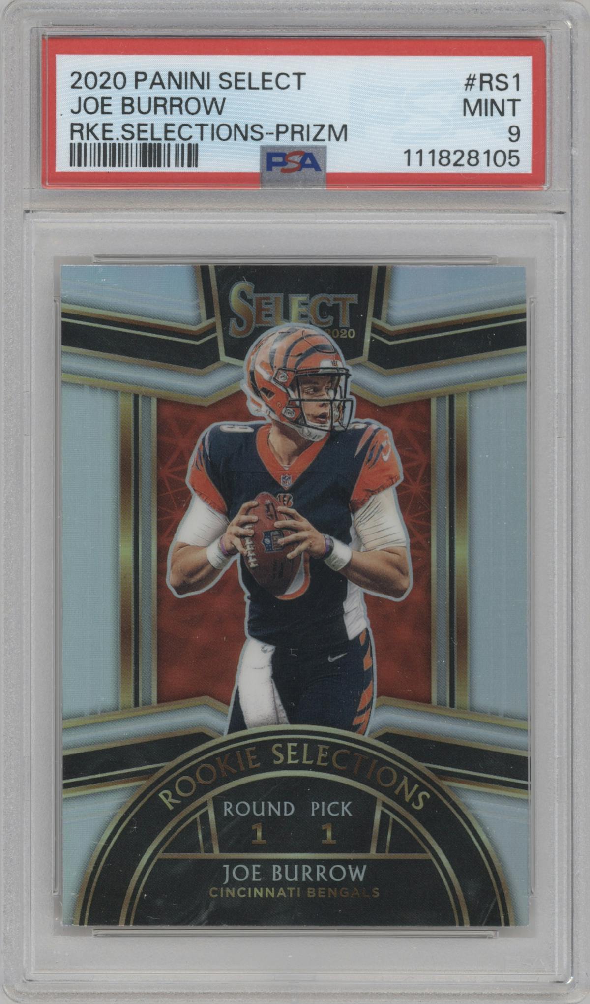 Joe Burrow from the 2020 Panini Select set featuring a Prizm parallel graded by PSA and given an overall grade of 9.