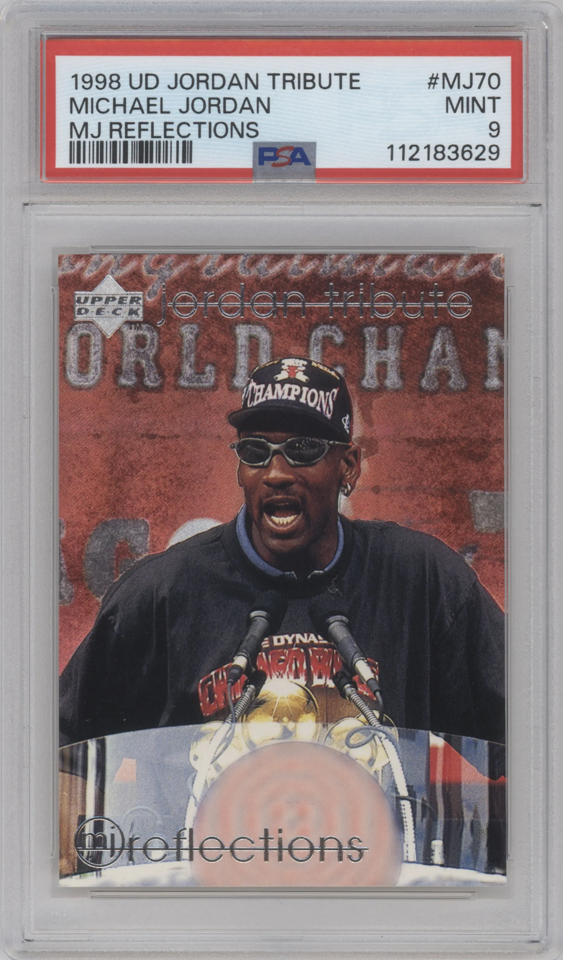 Michael Jordan from the 1997-98 Upper Deck Michael Jordan Tribute set graded by PSA and given an overall grade of 9.