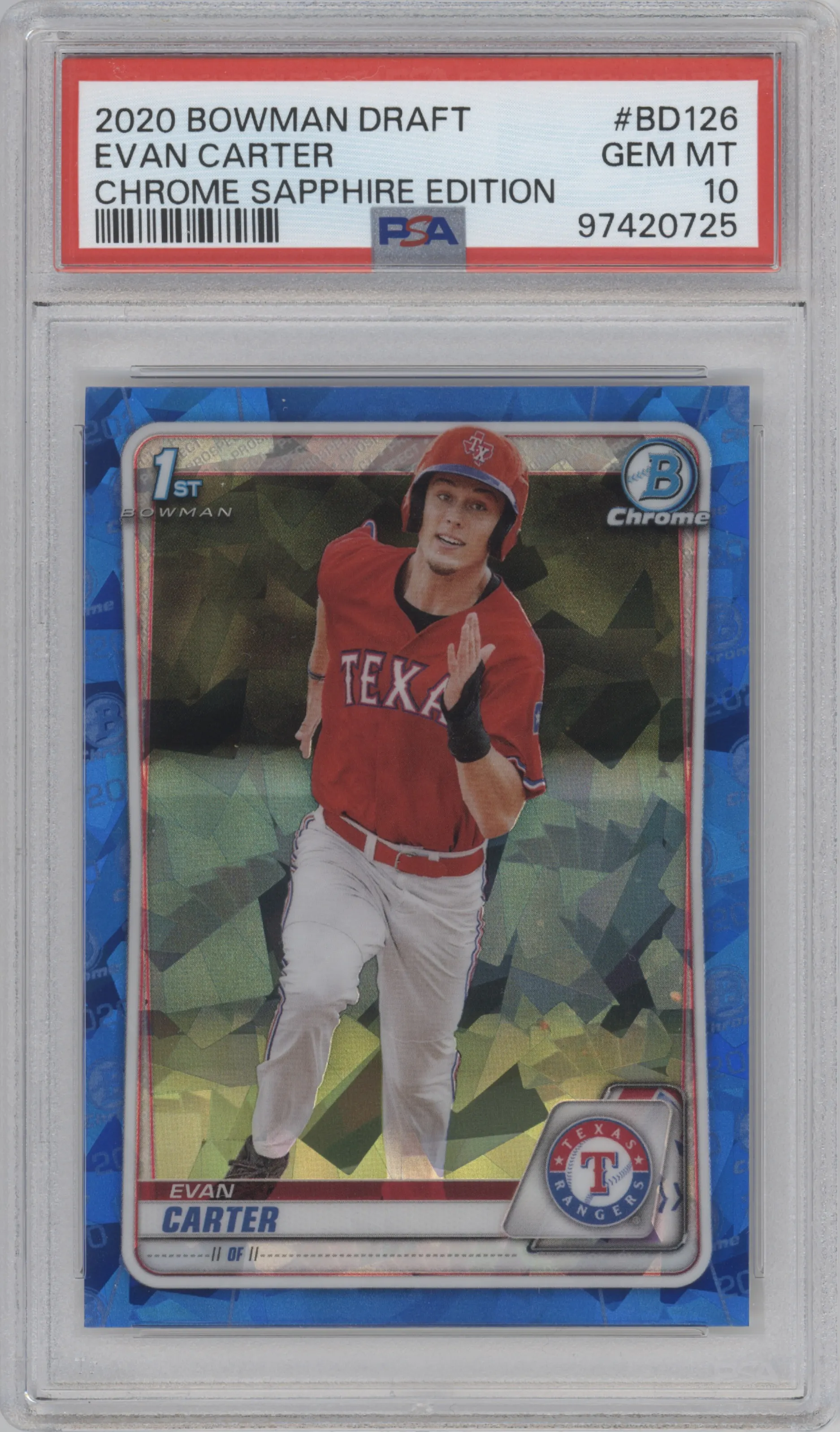 Evan Carter from the 2020 Bowman Draft Sapphire set graded by PSA and given an overall grade of 10.