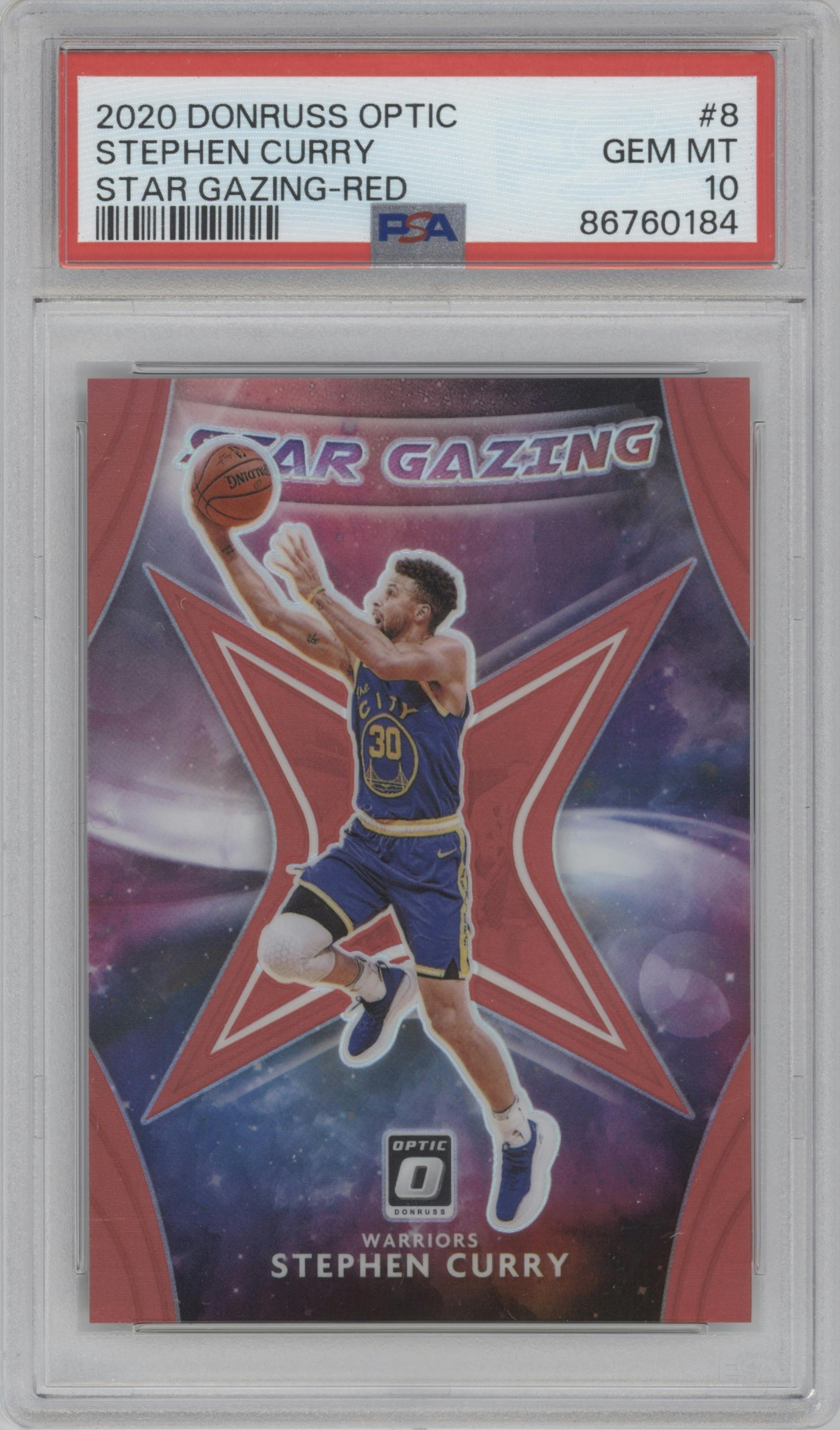 Stephen Curry from the 2020-21 Panini Donruss Optic set featuring a Red parallel graded by PSA and given an overall grade of 10.