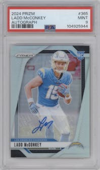 Ladd McConkey from the 2024 Panini Prizm set graded by PSA and given an overall grade of 9.