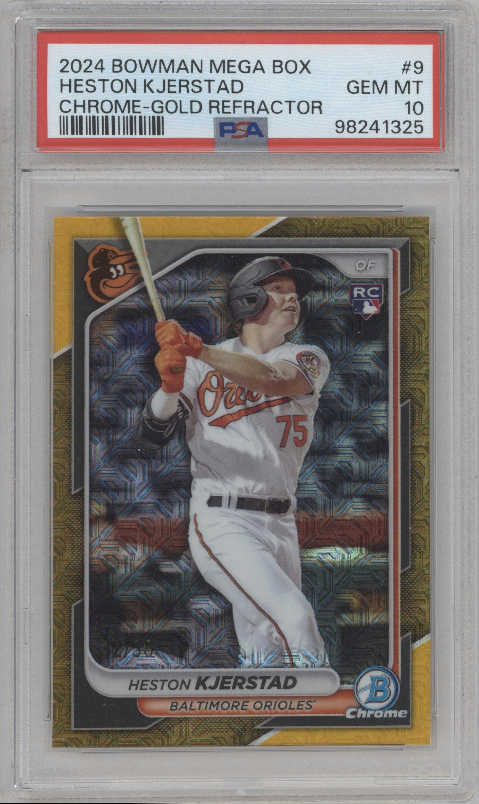 Heston Kjerstad from the 2024 Bowman Mega Box set featuring a Gold Refractor parallel graded by PSA and given an overall grade of 10.