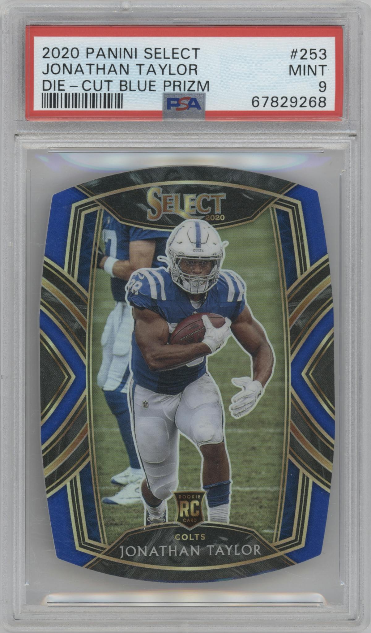Jonathan Taylor from the 2020 Panini Select set featuring a Die-Cut Blue Prizm parallel graded by PSA and given an overall grade of 9.