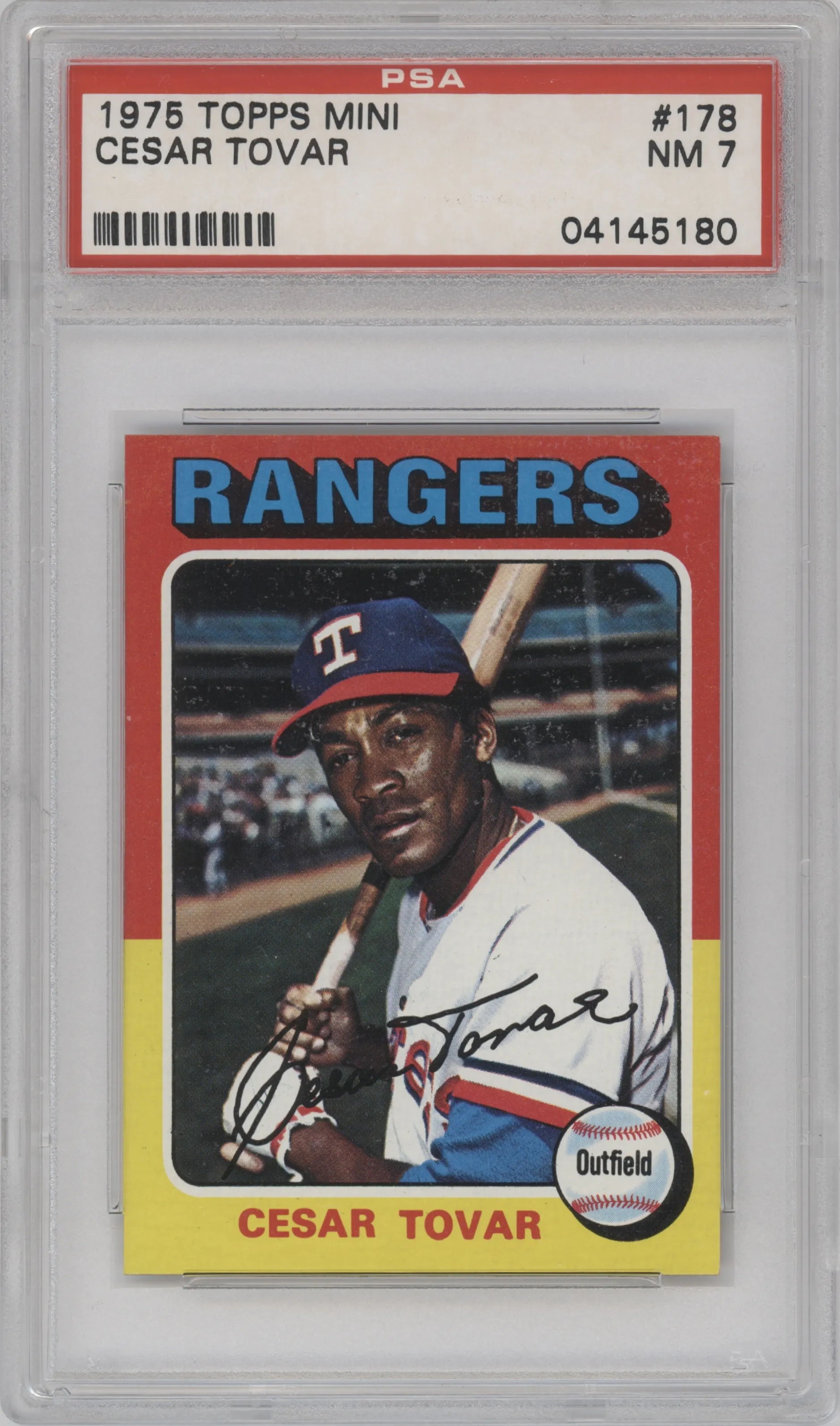 Cesar Tovar from the 1975 Topps Mini set graded by PSA and given an overall grade of 7.