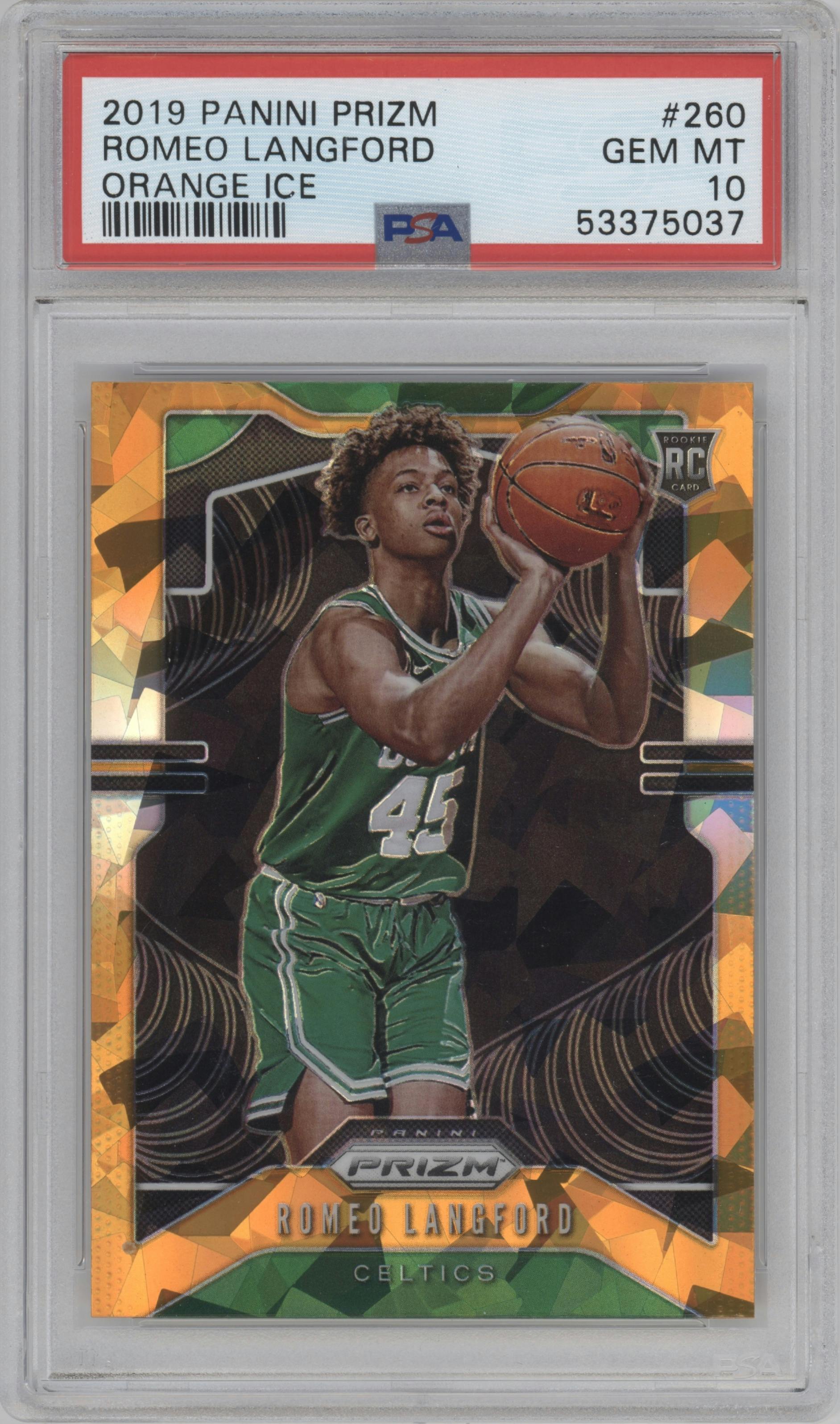 Romeo Langford from the 2019-20 Panini Prizm set featuring a Orange Ice parallel graded by PSA and given an overall grade of 10.