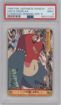 Ash & Snorlax from the 1999 Pokemon Bandai JPN set graded by PSA and given an overall grade of 9.