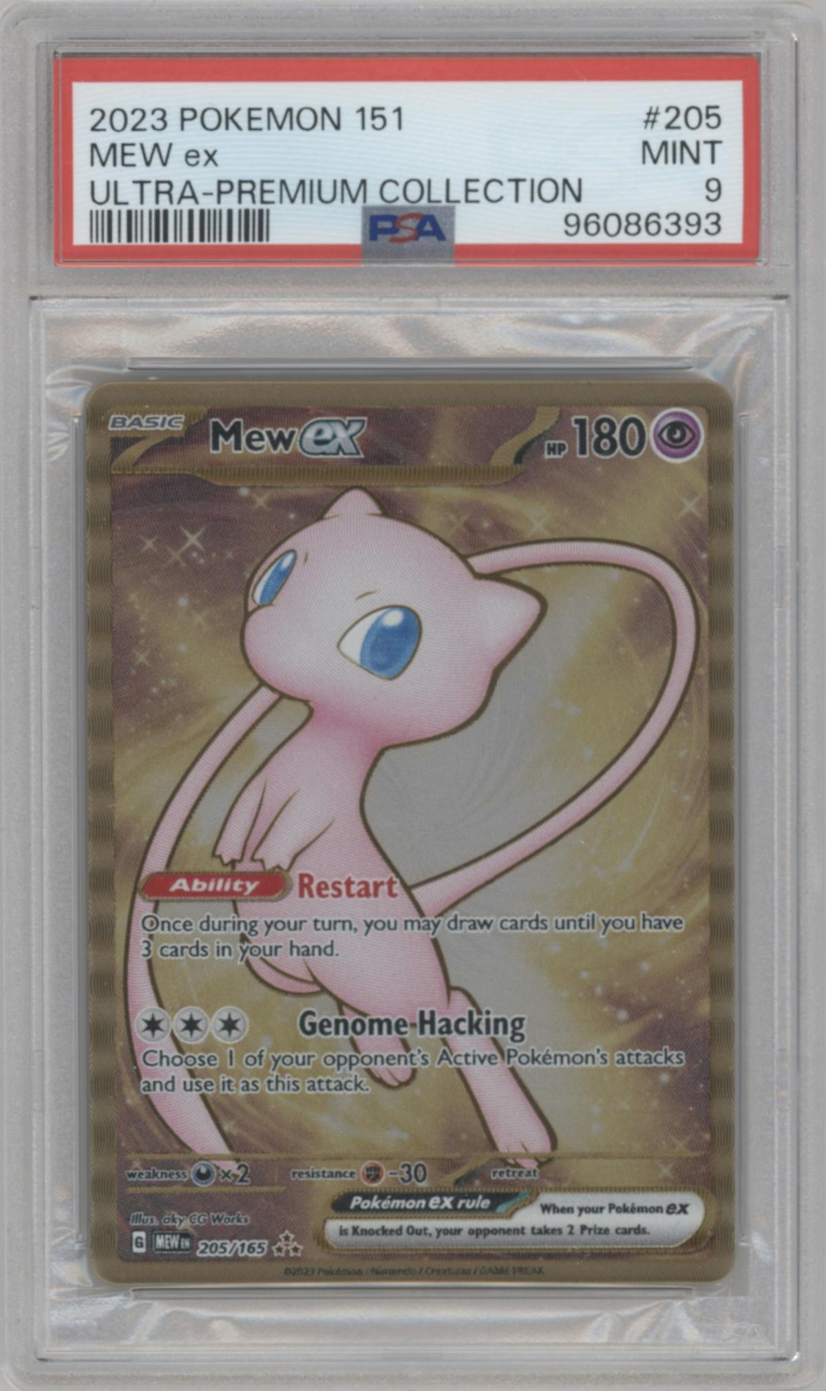 Mew ex from the 2023 Pokemon SV set featuring a Ultra-Premium Collection parallel graded by PSA and given an overall grade of 9.