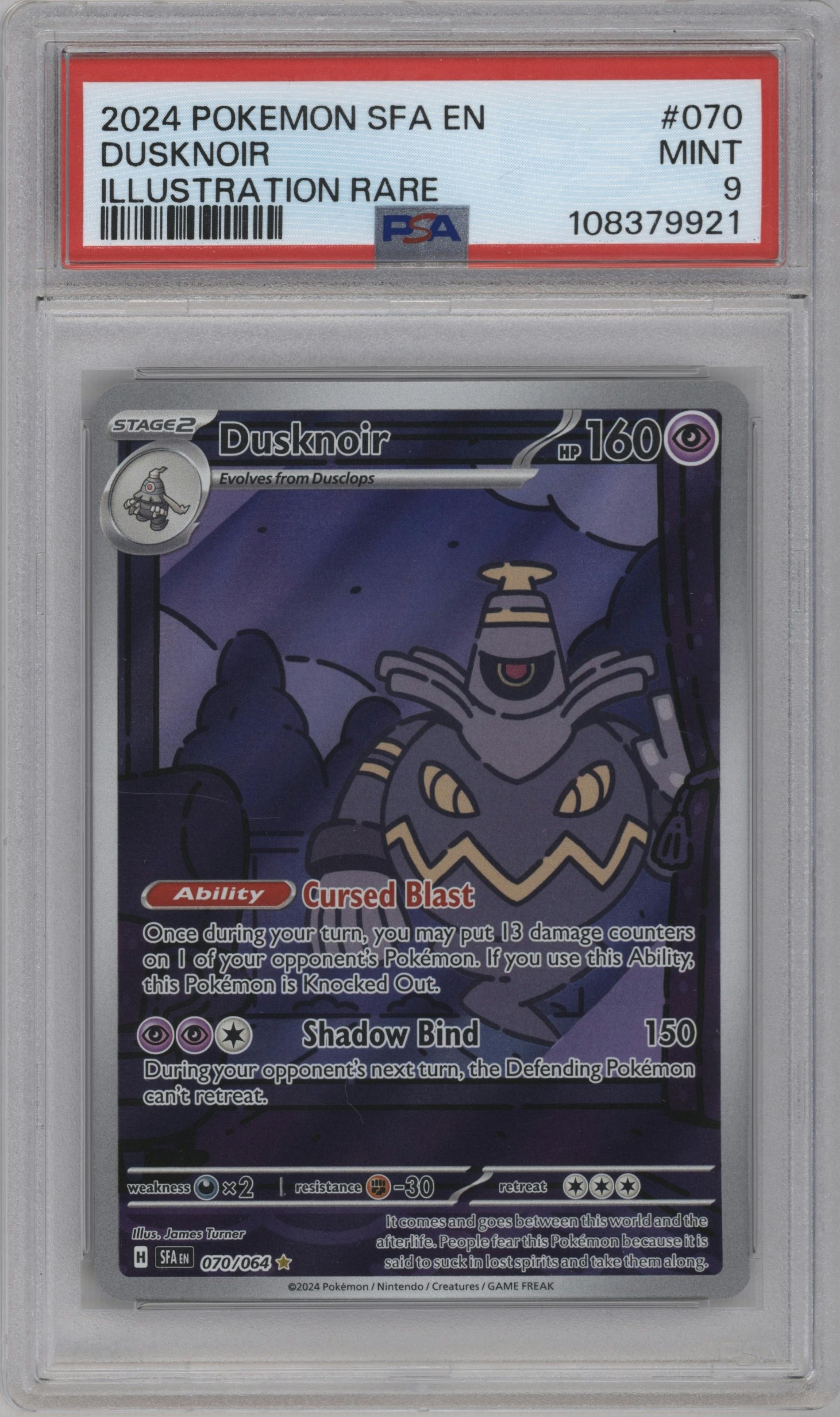 Dusknoir from the 2024 Pokemon SV set graded by PSA and given an overall grade of 9.