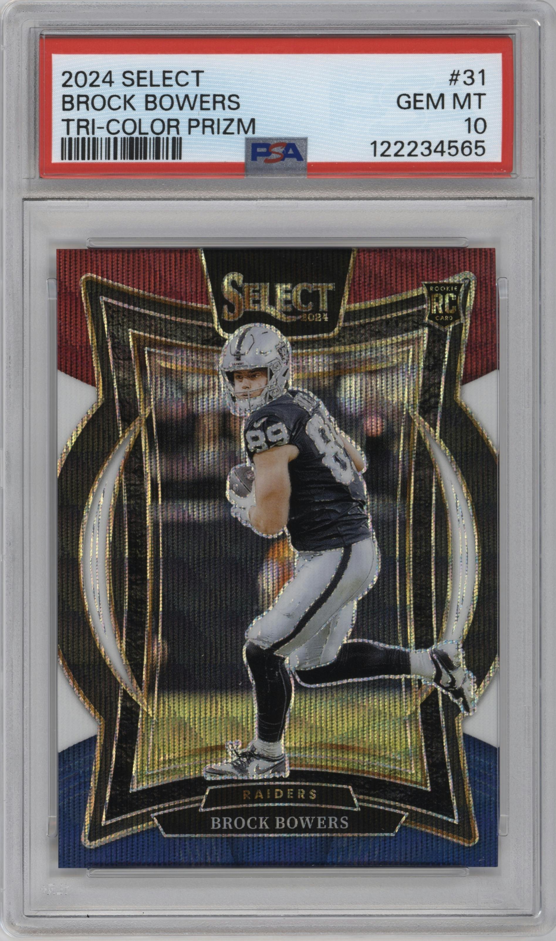 Brock Bowers from the 2024 Panini Select set featuring a Tri-Color Prizm parallel graded by PSA and given an overall grade of 10.