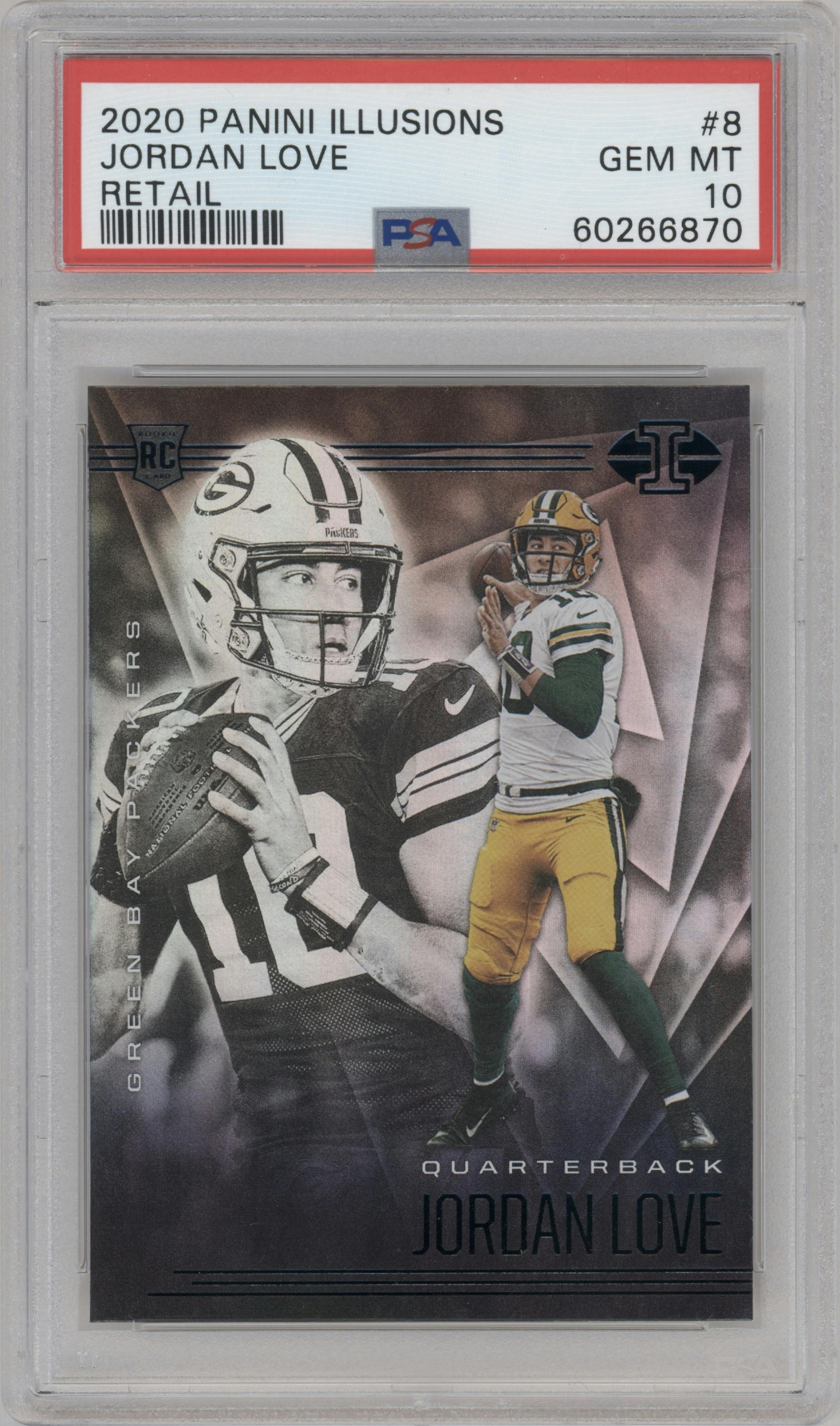 Jordan Love from the 2020 Panini Illusions set featuring a Retail parallel graded by PSA and given an overall grade of 10.