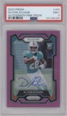 De'Von Achane from the 2023 Panini Prizm set featuring a Pink Prizm parallel graded by PSA and given an overall grade of 9.