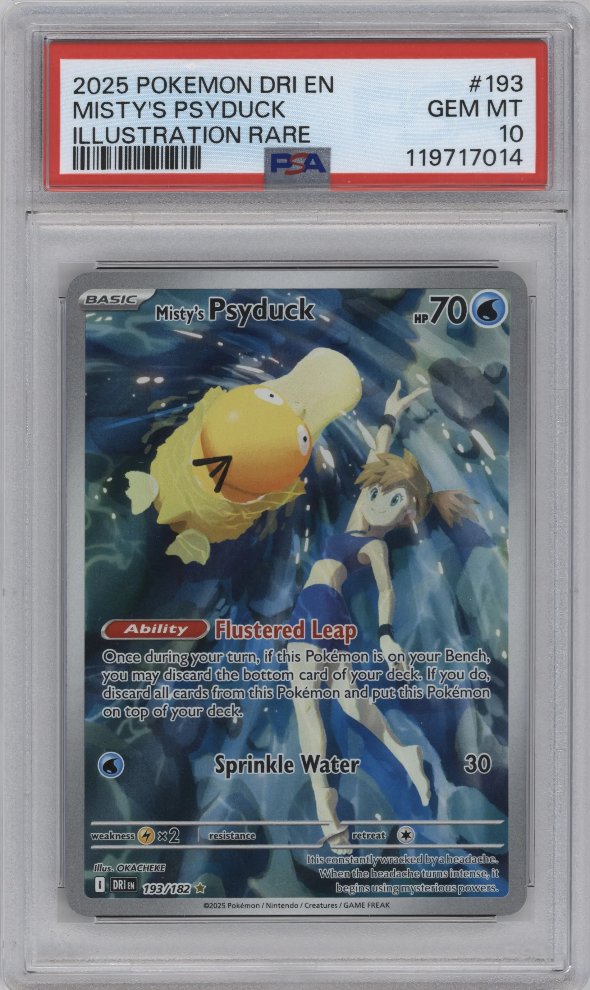 Misty's Psyduck from the 2025 Pokemon SV set graded by PSA and given an overall grade of 10.