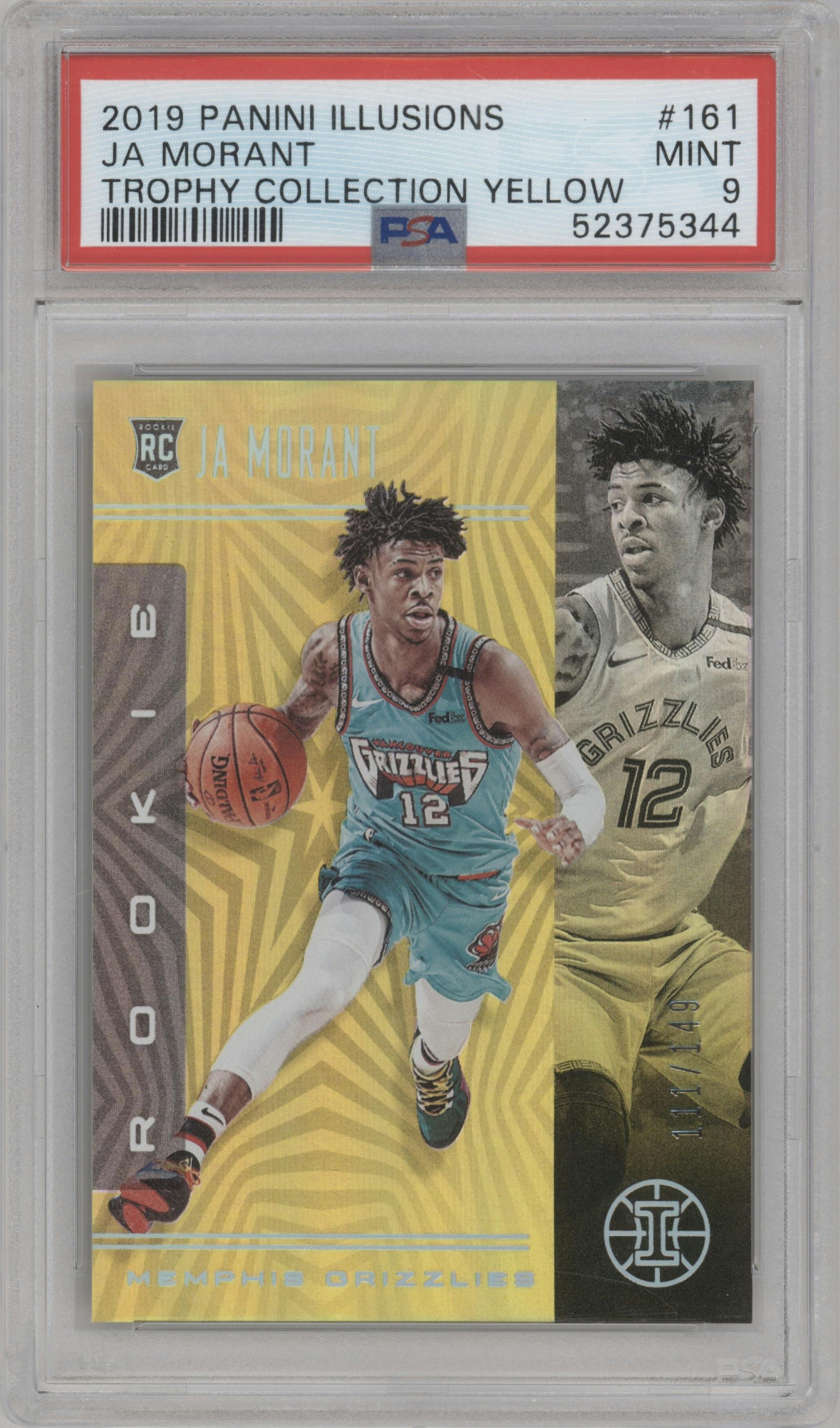 Ja Morant from the 2019-20 Panini Illusions set featuring a Trophy Collection Yellow parallel graded by PSA and given an overall grade of 9.
