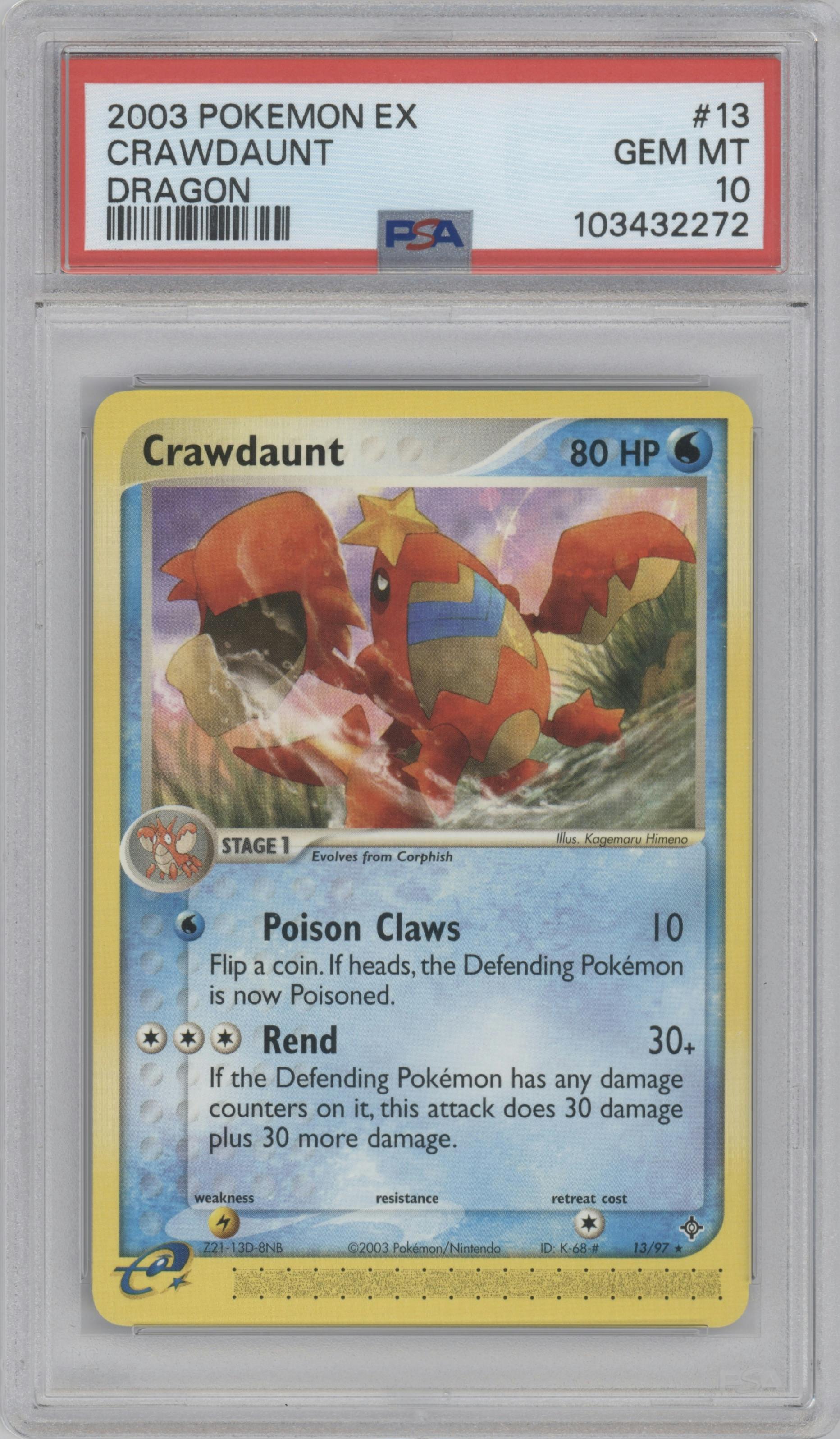 Crawdaunt from the 2003 Pokemon EX set graded by PSA and given an overall grade of 10.