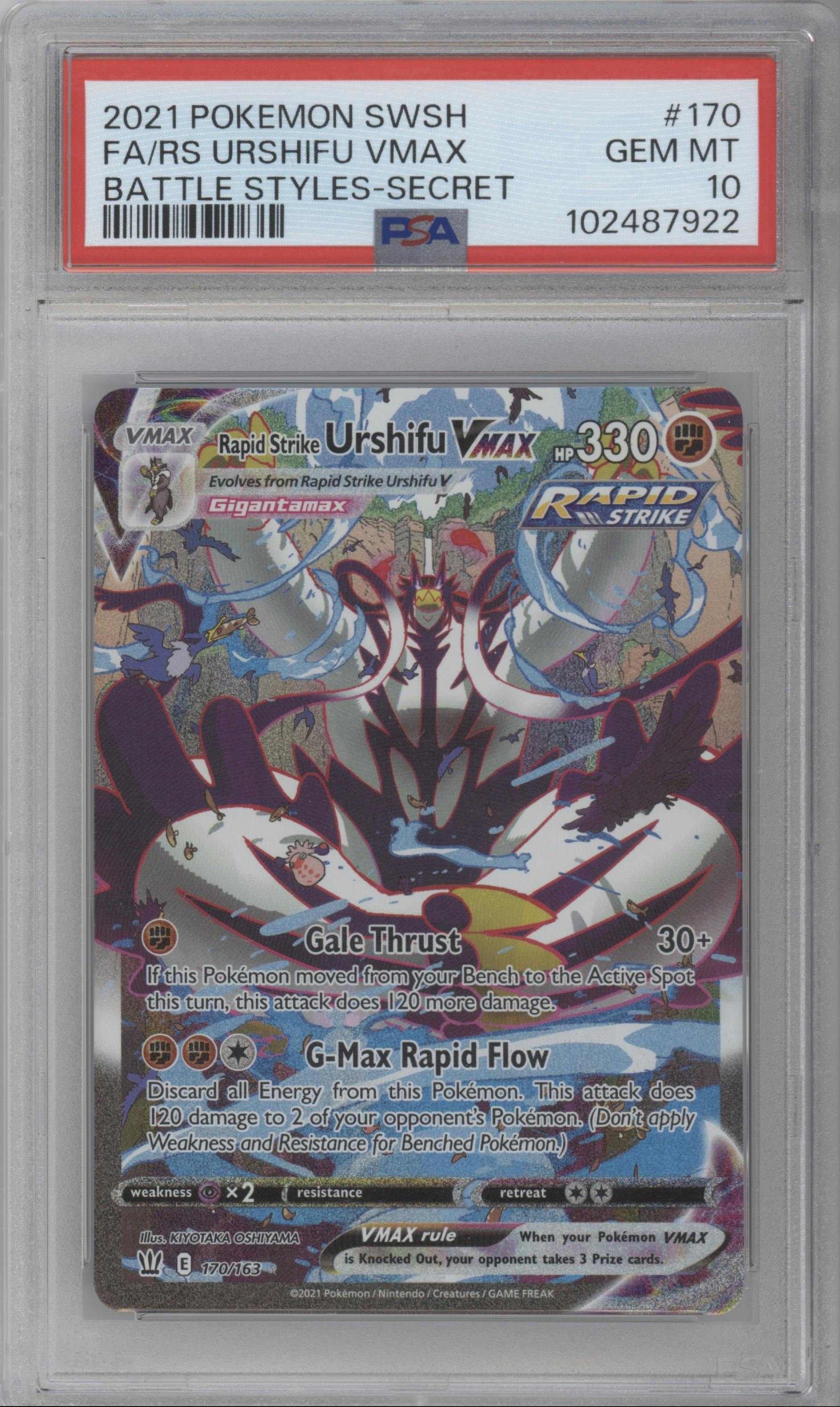 RS Urshifu VMAX from the 2021 Pokemon SWSH set graded by PSA and given an overall grade of 10.