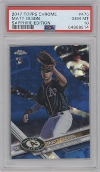 Matt Olson from the 2017 Topps Chrome Baseball Complete Set Sapphire Edition set graded by PSA and given an overall grade of 10.