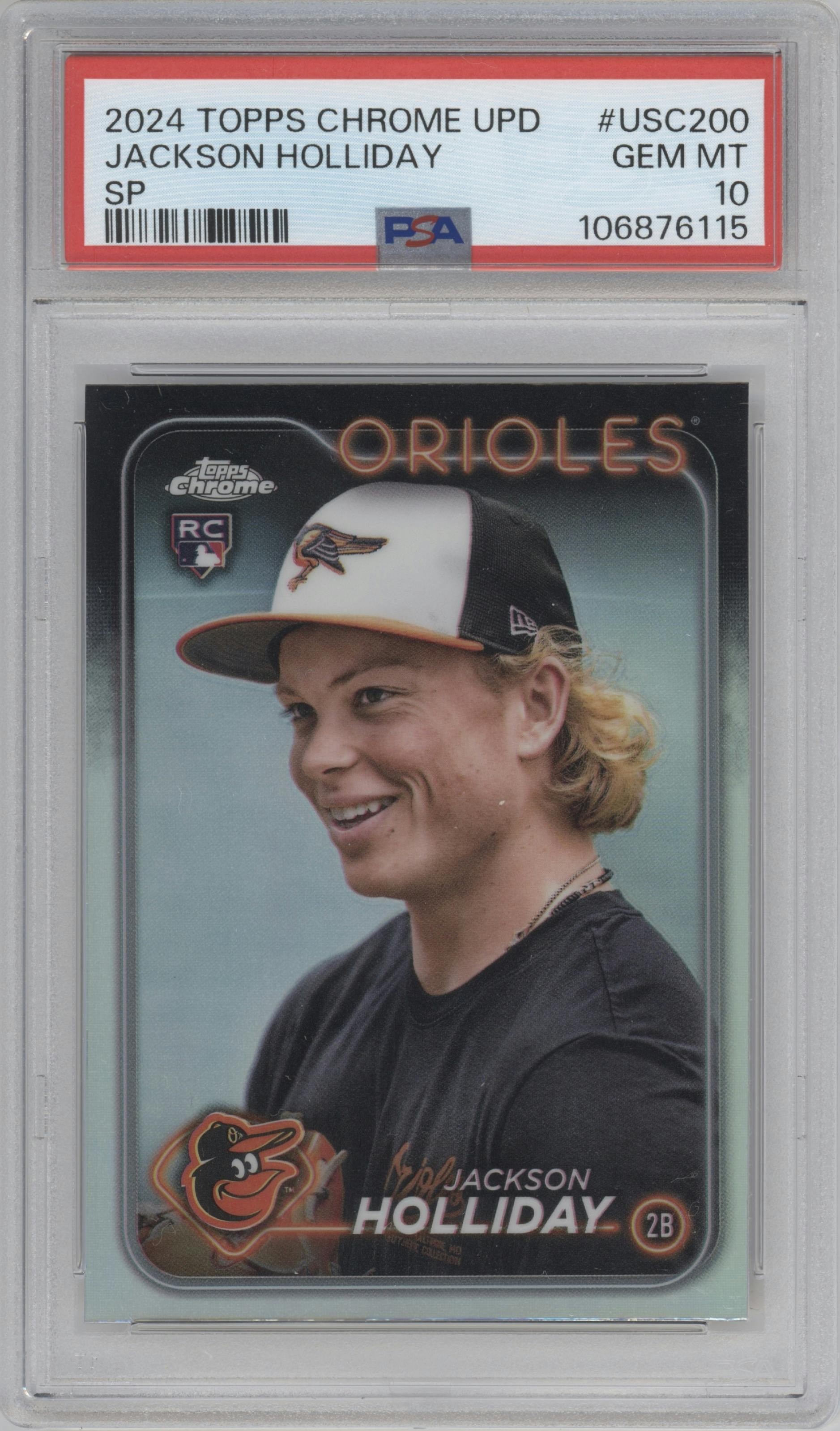 Jackson Holliday from the 2024 Topps Chrome Update set graded by PSA and given an overall grade of 10.