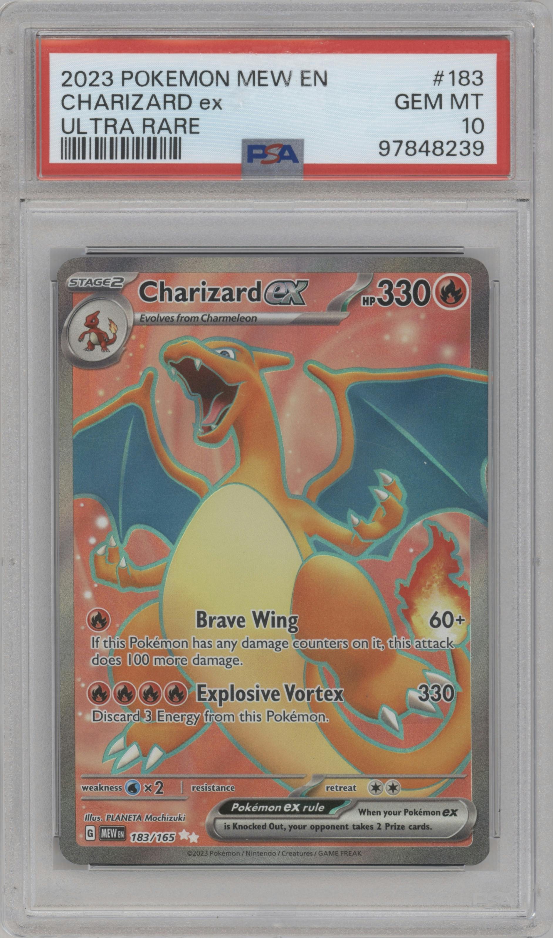 Charizard ex from the 2023 Pokemon SV set graded by PSA and given an overall grade of 10.