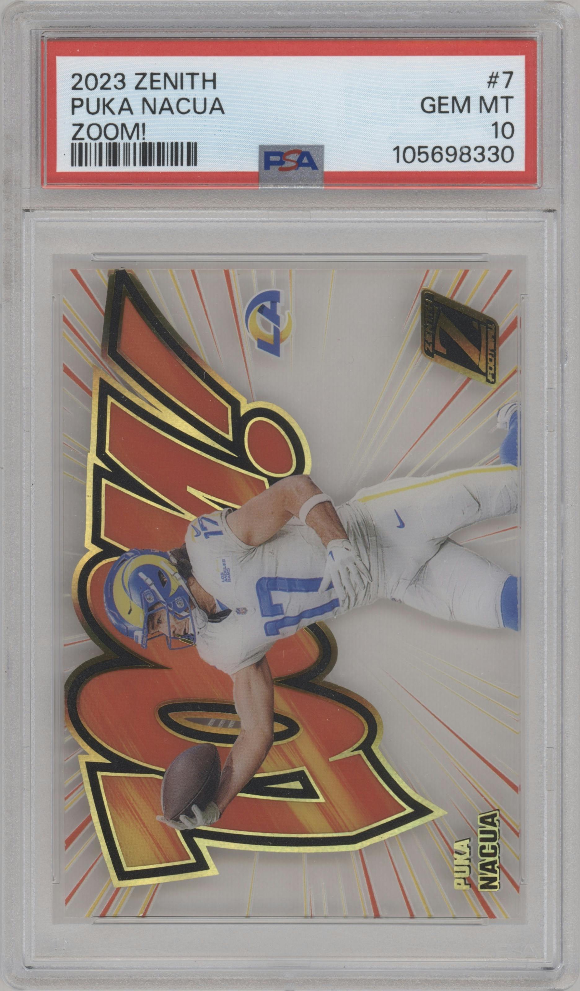 Puka Nacua from the 2023 Panini Zenith set graded by PSA and given an overall grade of 10.