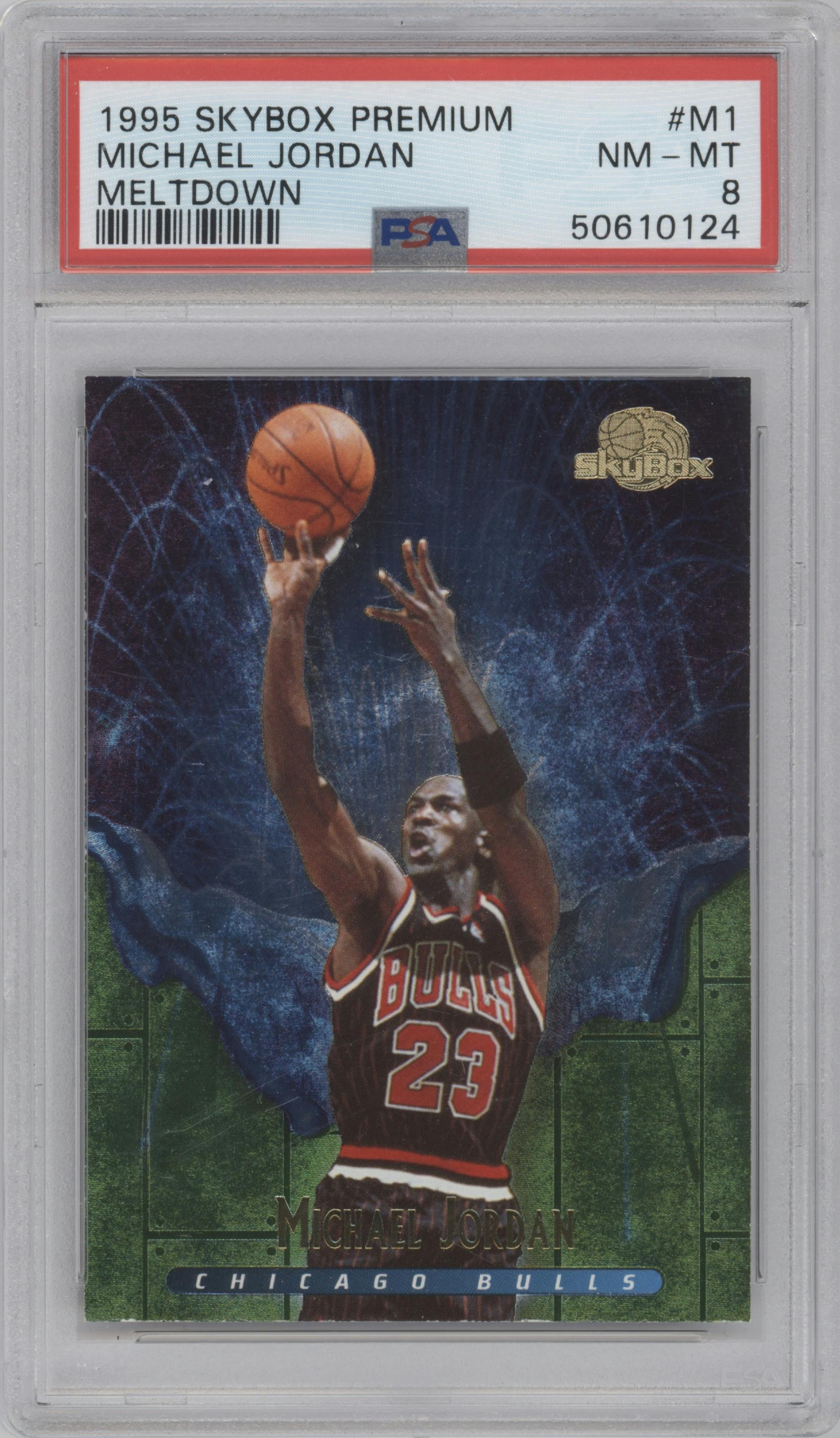 Michael Jordan from the 1995-96 Skybox Premium set graded by PSA and given an overall grade of 8.